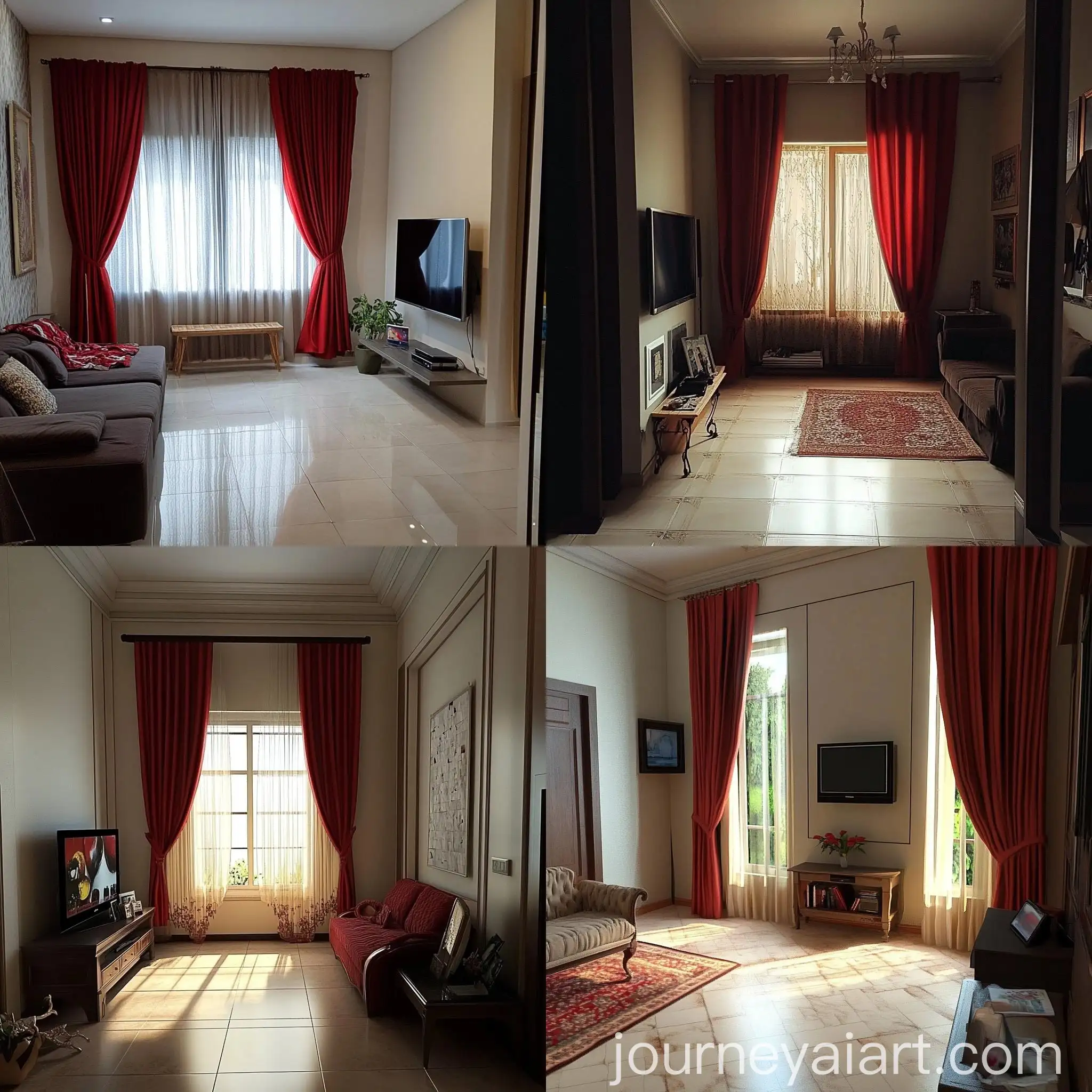 Cozy-Living-Room-with-TV-and-Sofa-Red-Curtains