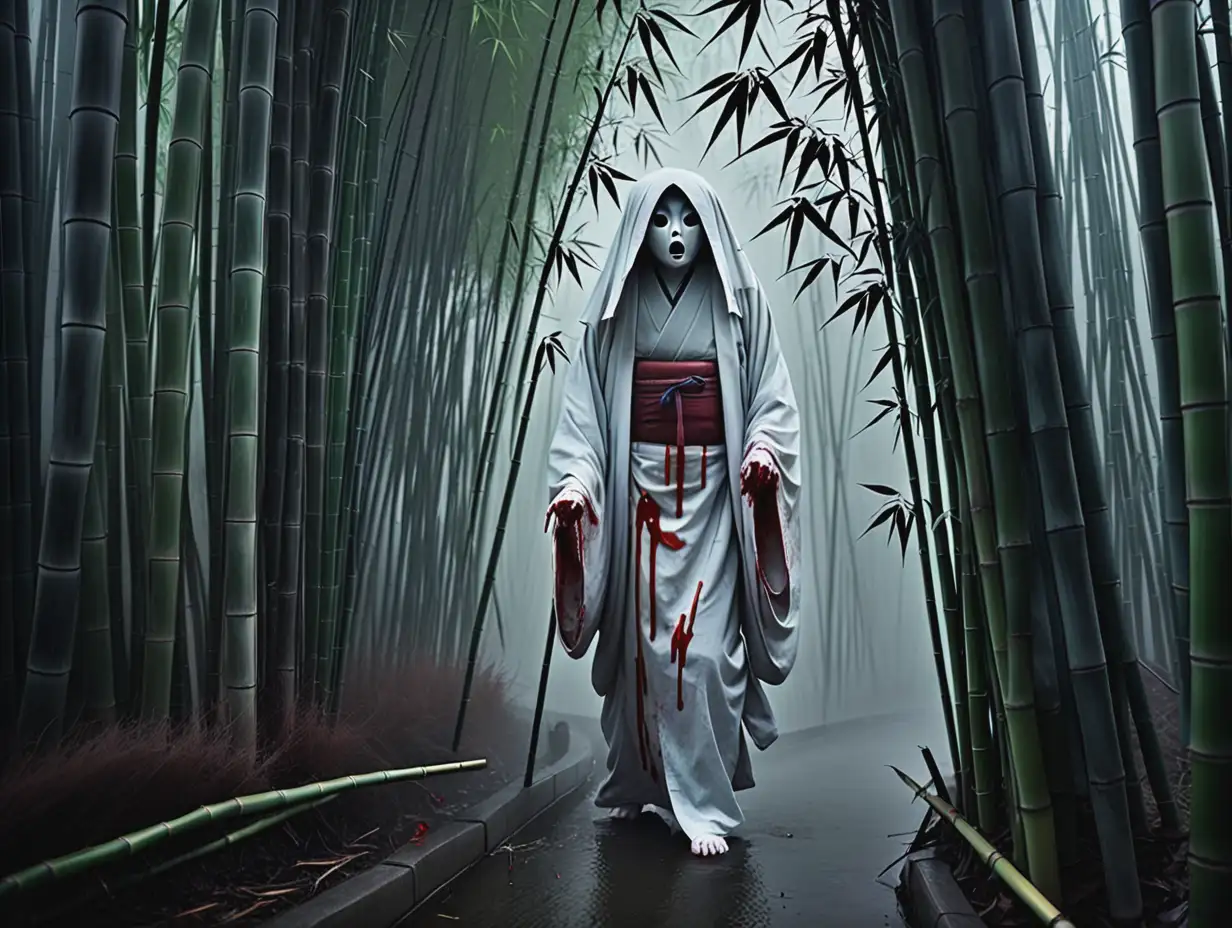 Japanese horror, ghost, curses, bamboo, fog, blood