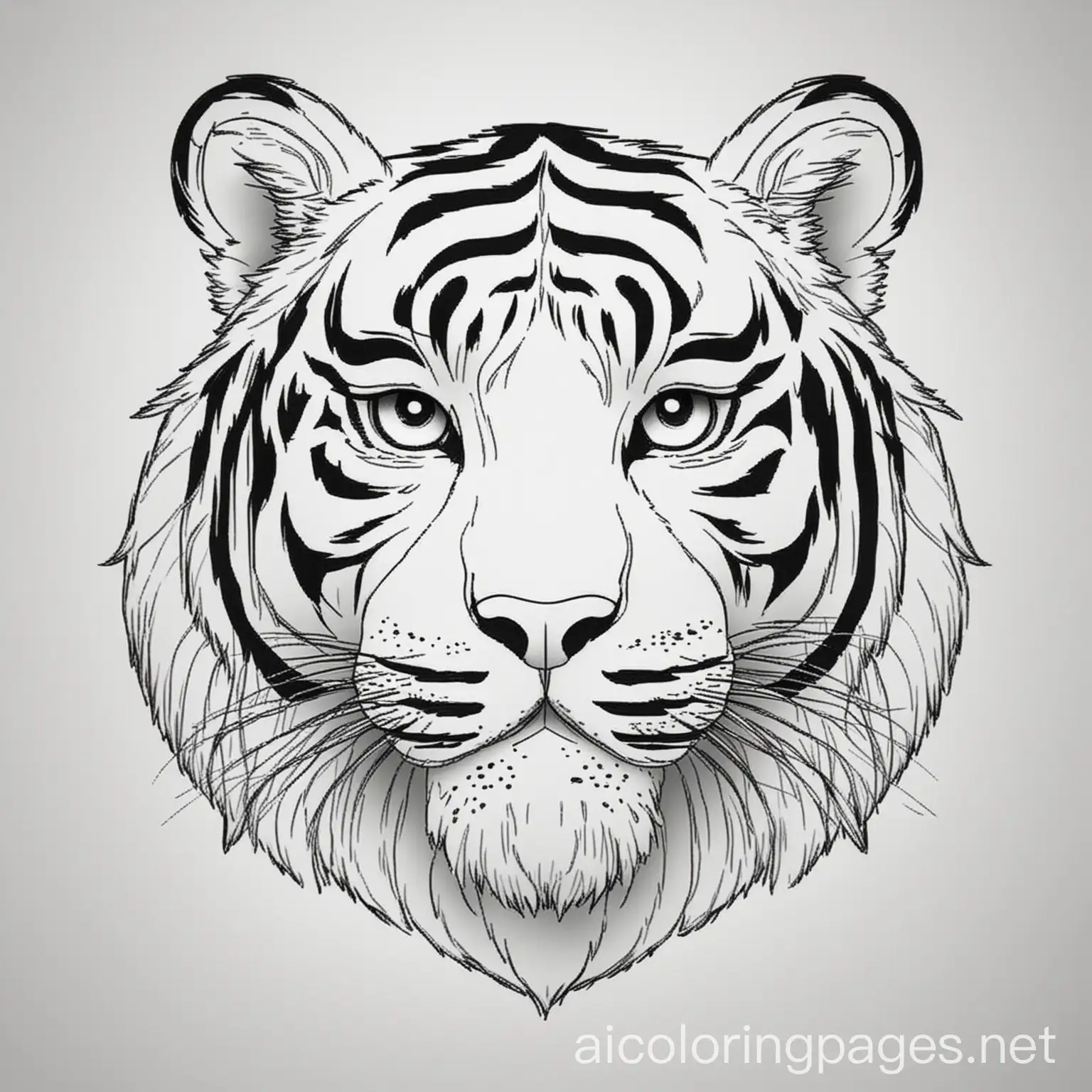Tiger, Coloring Page, black and white, line art, white background, Simplicity, Ample White Space. The background of the coloring page is plain white to make it easy for young children to color within the lines. The outlines of all the subjects are easy to distinguish, making it simple for kids to color without too much difficulty