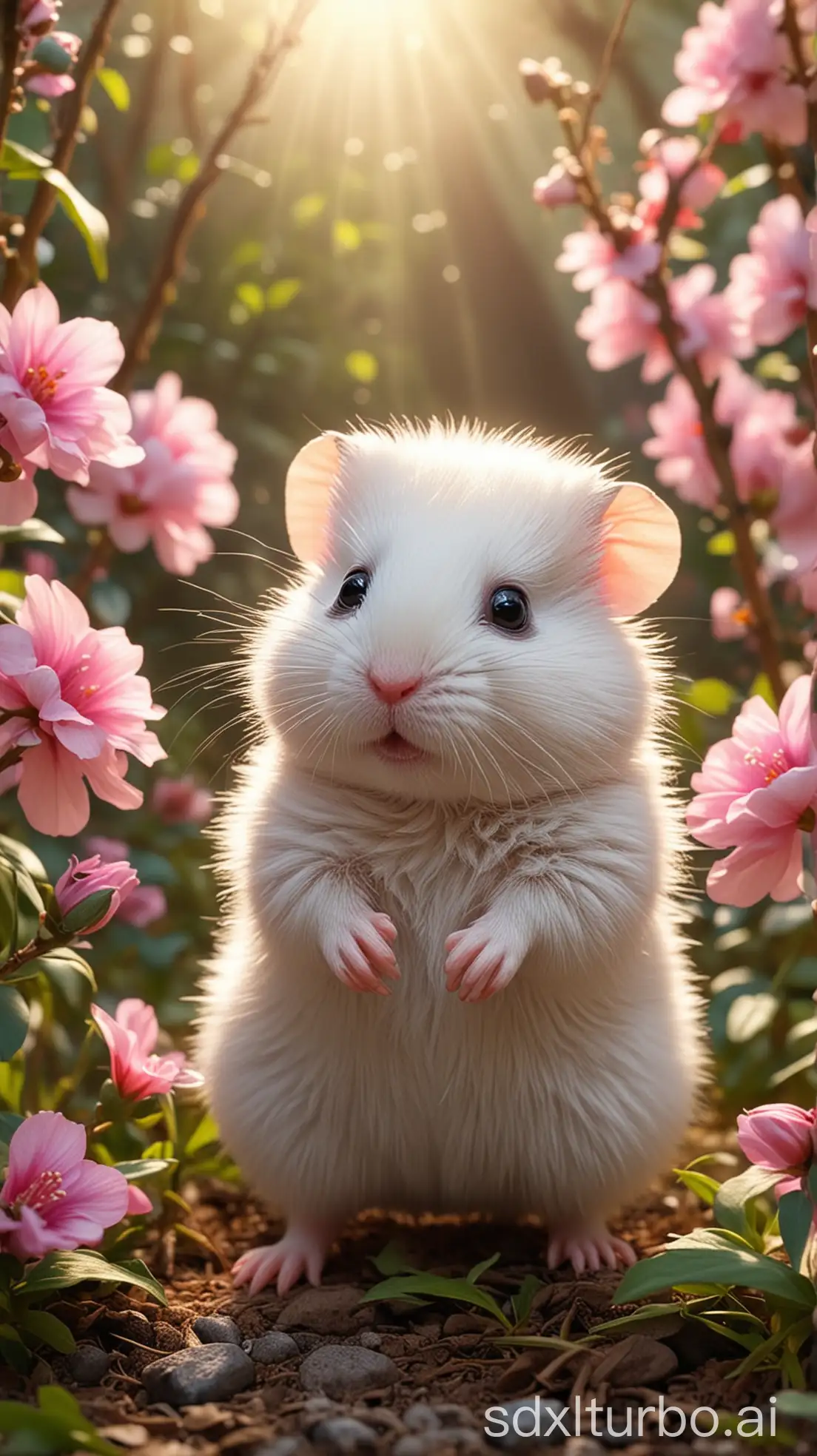 Spring, in nature, Adorable baby white hamster, walking in blossomes jungle, pink flower theme, morning light, Dreamworks, soft cinematic lighting, intricate details, 8K