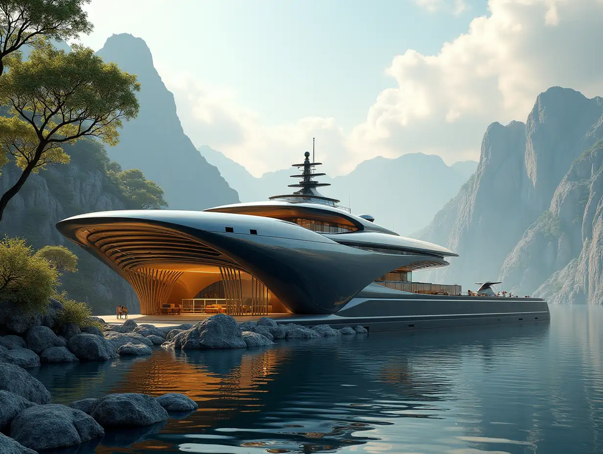 Create a high-resolution realistic image in 4k resolution of a futuristic gold and black building with curved columns, mountains with large trees, rocks, flowers, a futuristic very large yacht with a glass deck and a cloudy sky