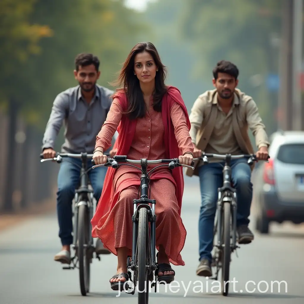 Confident-Pakistani-Woman-Riding-Bike-with-Supportive-Men-on-Main-Road