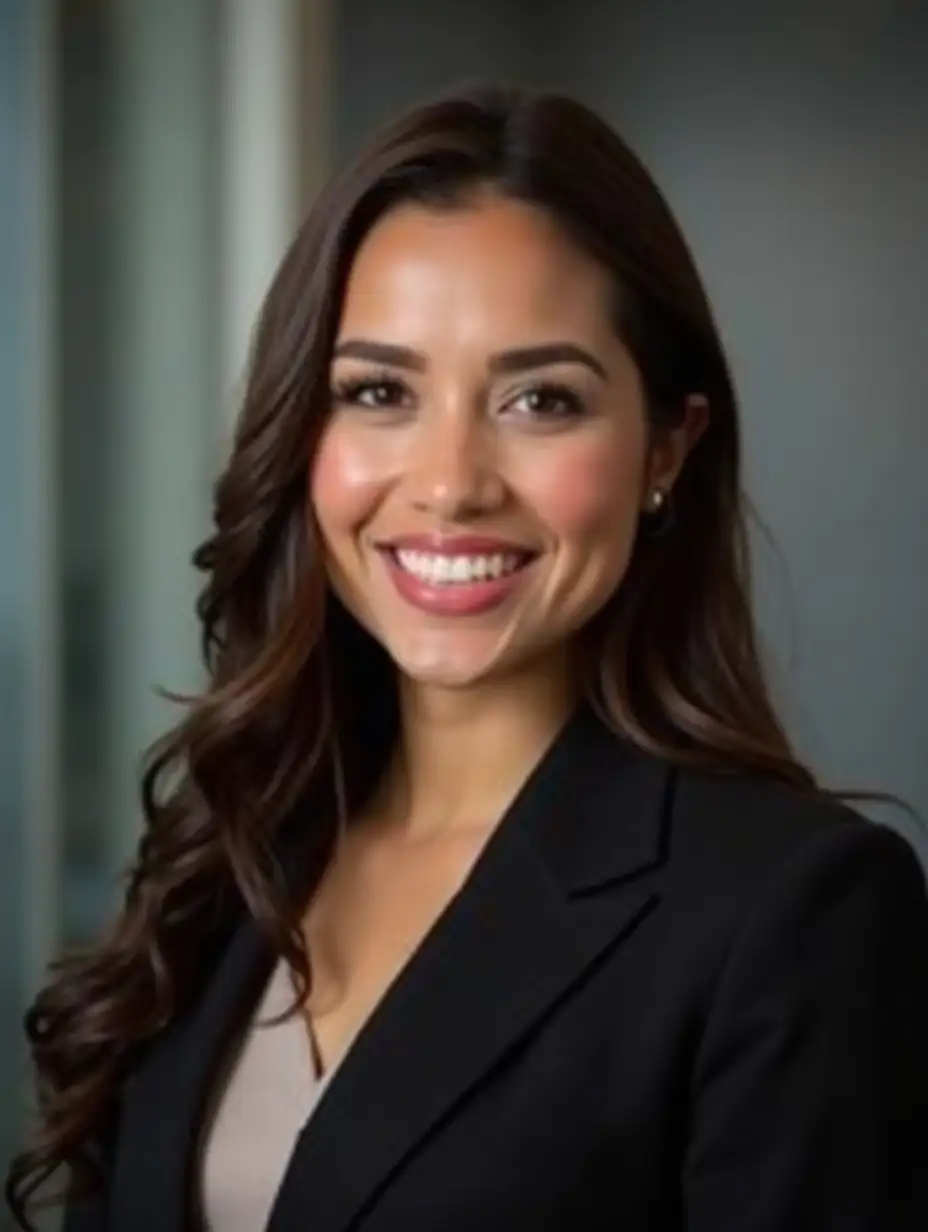 Create a professional headshot of a young woman with long, well-styled brown hair. She is wearing a tailored dark blazer over a light-colored blouse, exuding confidence and professionalism. Her makeup is natural and elegant, with a subtle touch of lipstick. The background is softly blurred to resemble a modern office setting, with muted tones of grey and white. The lighting is bright and evenly distributed, highlighting her features and creating a polished look suitable for a LinkedIn profile