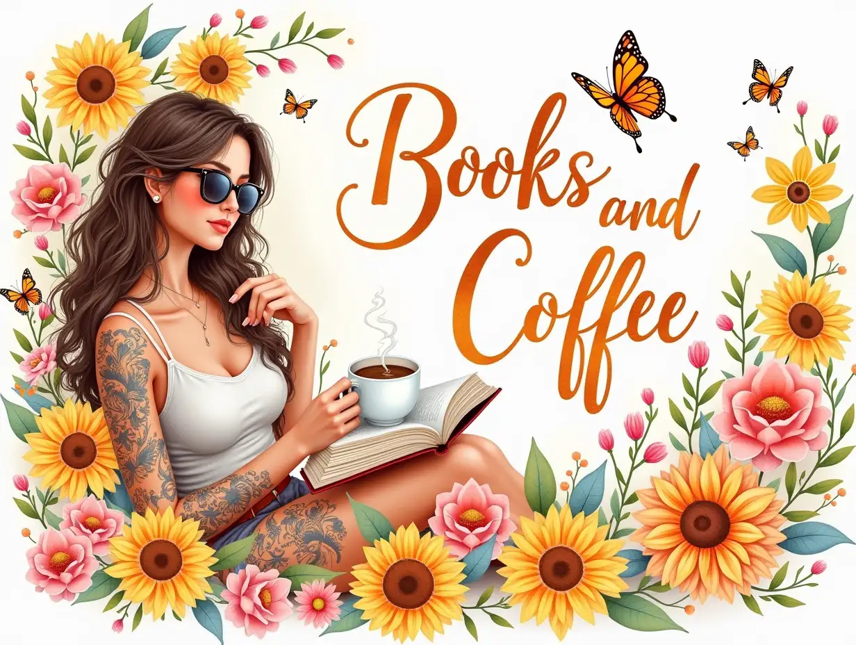 Vector illustration, Watercolor art. A vibrant and detailed illustration of a relaxed young woman with long, wavy hair, wearing stylish sunglasses, enjoying a cozy moment with a book and a coffee cup. She has intricate tattoos on her arms, showcasing artistic floral designs. Surrounding her are a rich tapestry of oversized sunflowers, delicate pink flowers, and fluttering butterflies, all contributing to a lush, colorful background. The color palette is a blend of warm yellows, pinks, and greens, creating a cheerful and inviting atmosphere. The text 'Books And Coffee' in an elegant script flows beautifully amidst the floral chaos, enhancing the overall whimsical and artistic feel of the scene, reminiscent of hyperrealistic or illustrative art styles.