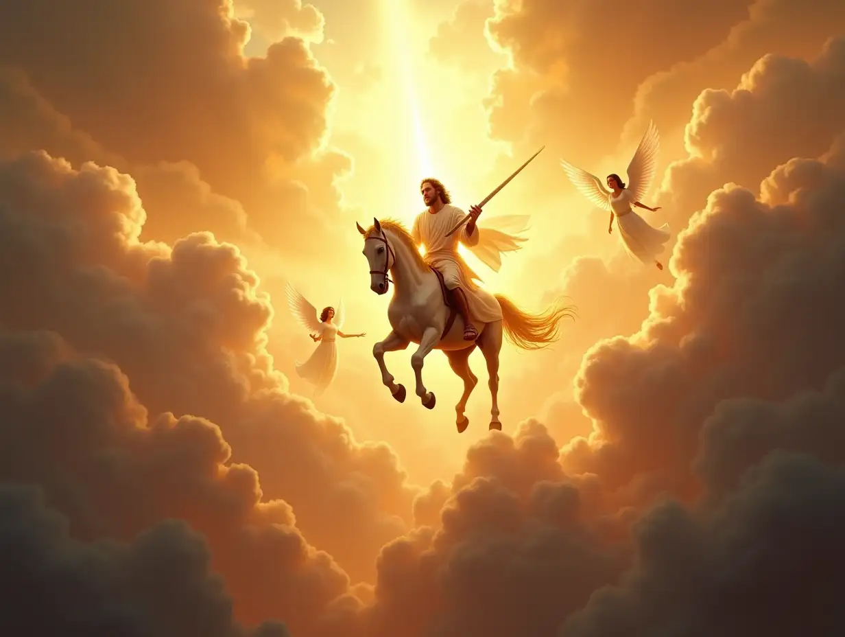 The Return of Jesus: A radiant figure descending from the heavens on a glowing white horse, holding a shining sword, surrounded by angelic beings amidst clouds parting in a blazing, golden light.