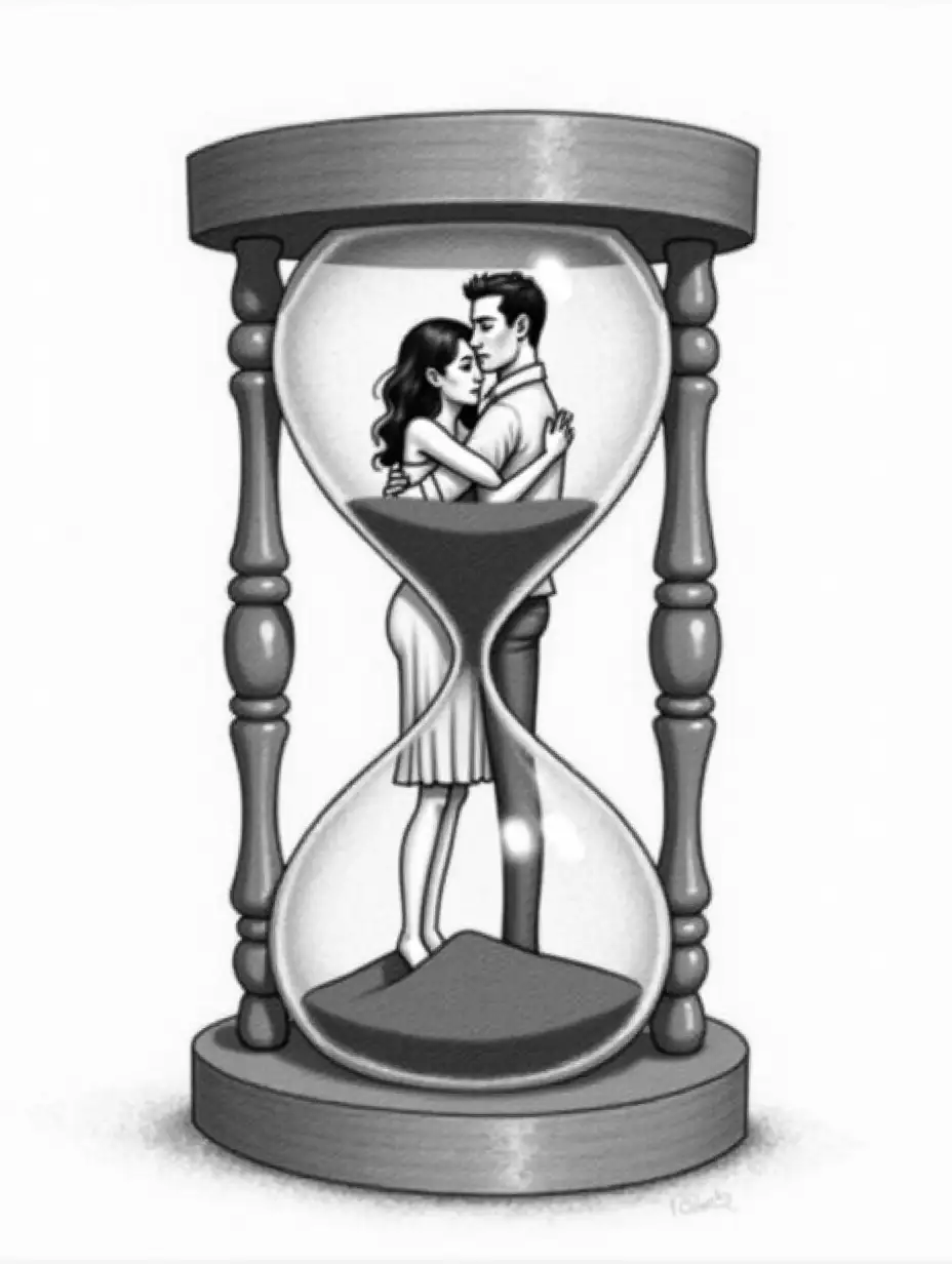 A grayscale, detailed hand-drawn illustration of a hourglass. Inside the glass globe of the hourglass, a couple is embraced in a tight hug. The style is realistic, mimicking the texture and shading of pencil on paper. The focus is on the emotional intensity of the embrace, conveying a sense of longing or sadness. The shading and values create depth and volume, giving the impression of three-dimensionality. The hourglass is composed of dark gray wood-colored bases and supports on either side. The sand inside the hourglass is a dark gray-black color, suggesting the passing of time. The image also has an aesthetic of a more impressionistic style within the realistic structure. The expressions of the people within the hourglass are a bit subtle and emotional.