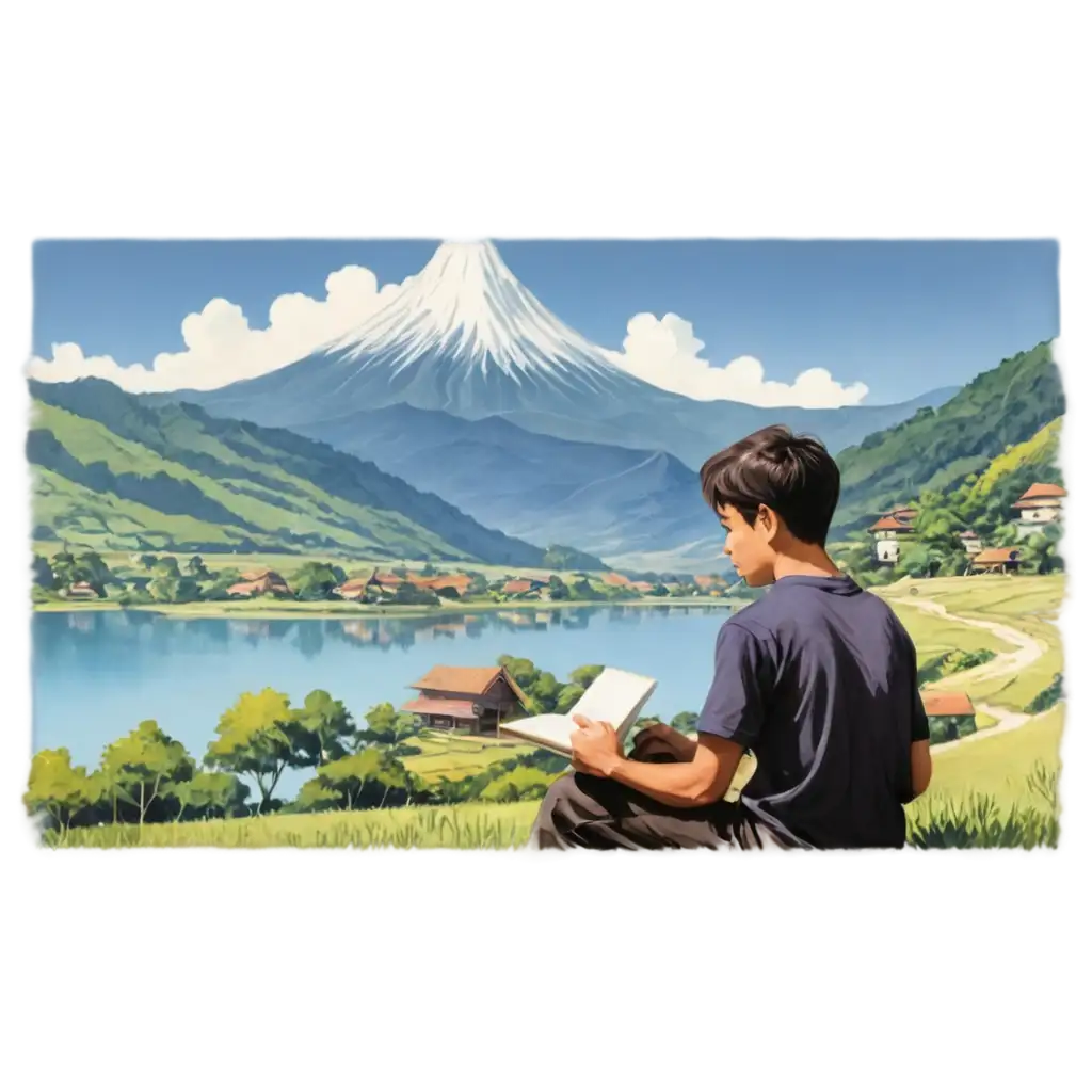 Create-a-Serene-PNG-Image-of-a-Peaceful-Village-with-Raden-Jaya-Reading-a-Book