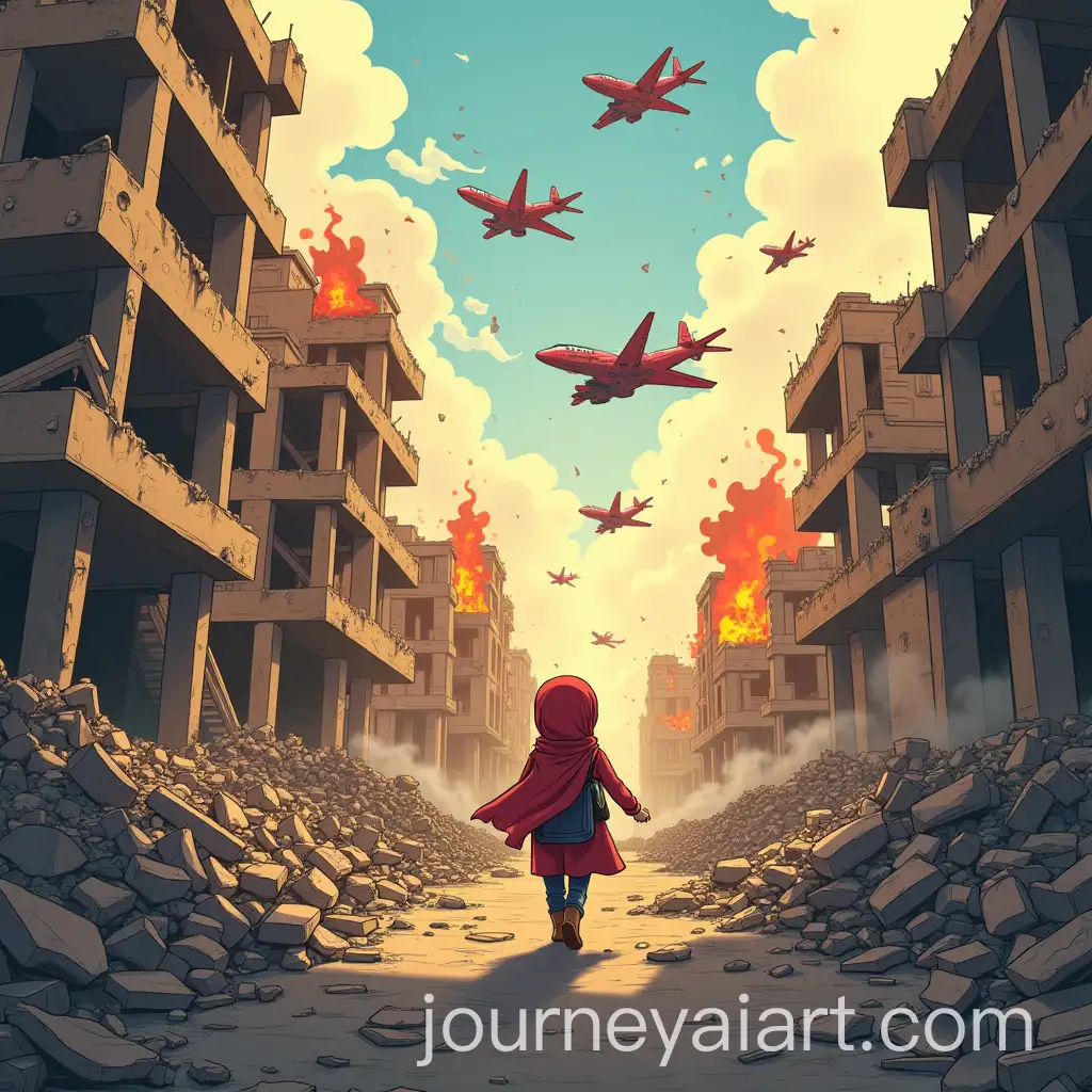 Military-Jets-Attacking-Gaza-City-with-Girl-in-Headscarf-Fleeing-Among-the-Ruins