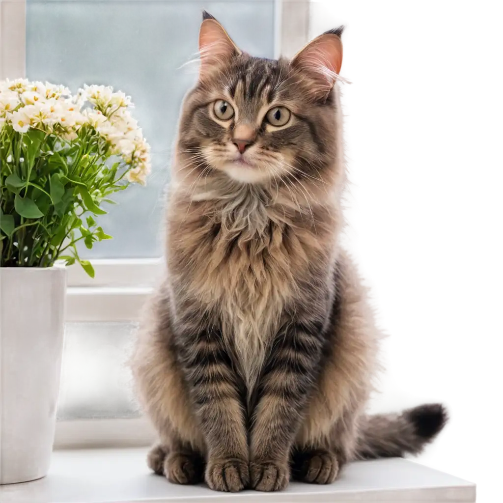 A fluffy cat sits on the windowsill next to a flowering plant pot