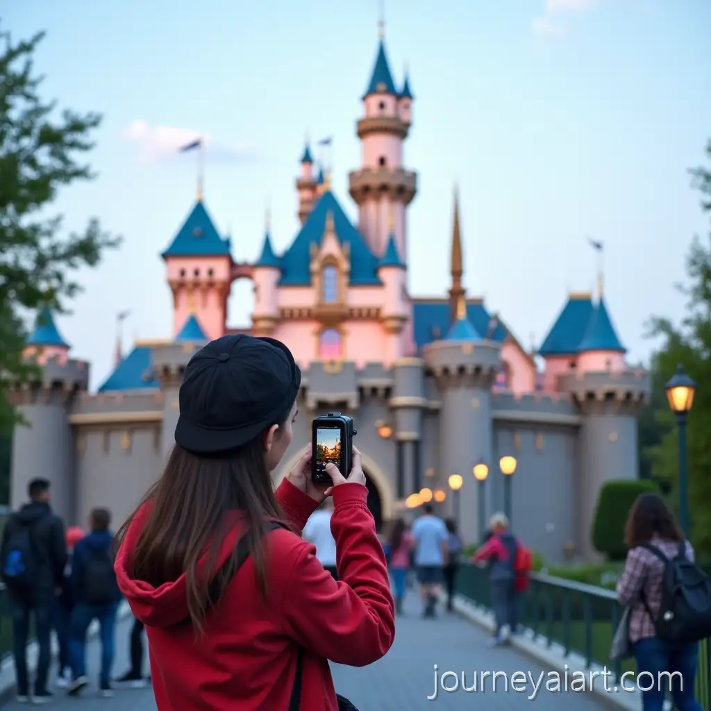 Tourist-Capturing-a-PhotoTourist-at-fairy-tale-castle-in-Front-of-a-Magical-Fairy-Tale-Castle