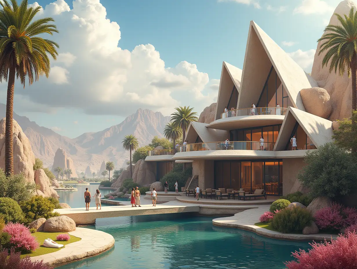 Create a high-resolution, realistic panoramic image of a futuristic terrace building with window pyramid house with bridge, one with people, many plants and colorful flowers white and brown facades before the desert oasis, big trees, very cloudy sky