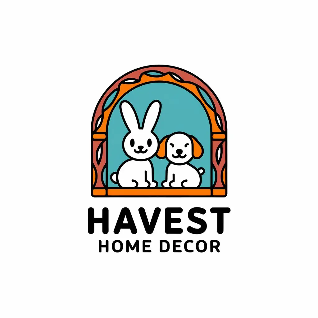 a vector logo design,with the text "havest home decor", main symbol:small rabbit, small dog,Moderate,clear background