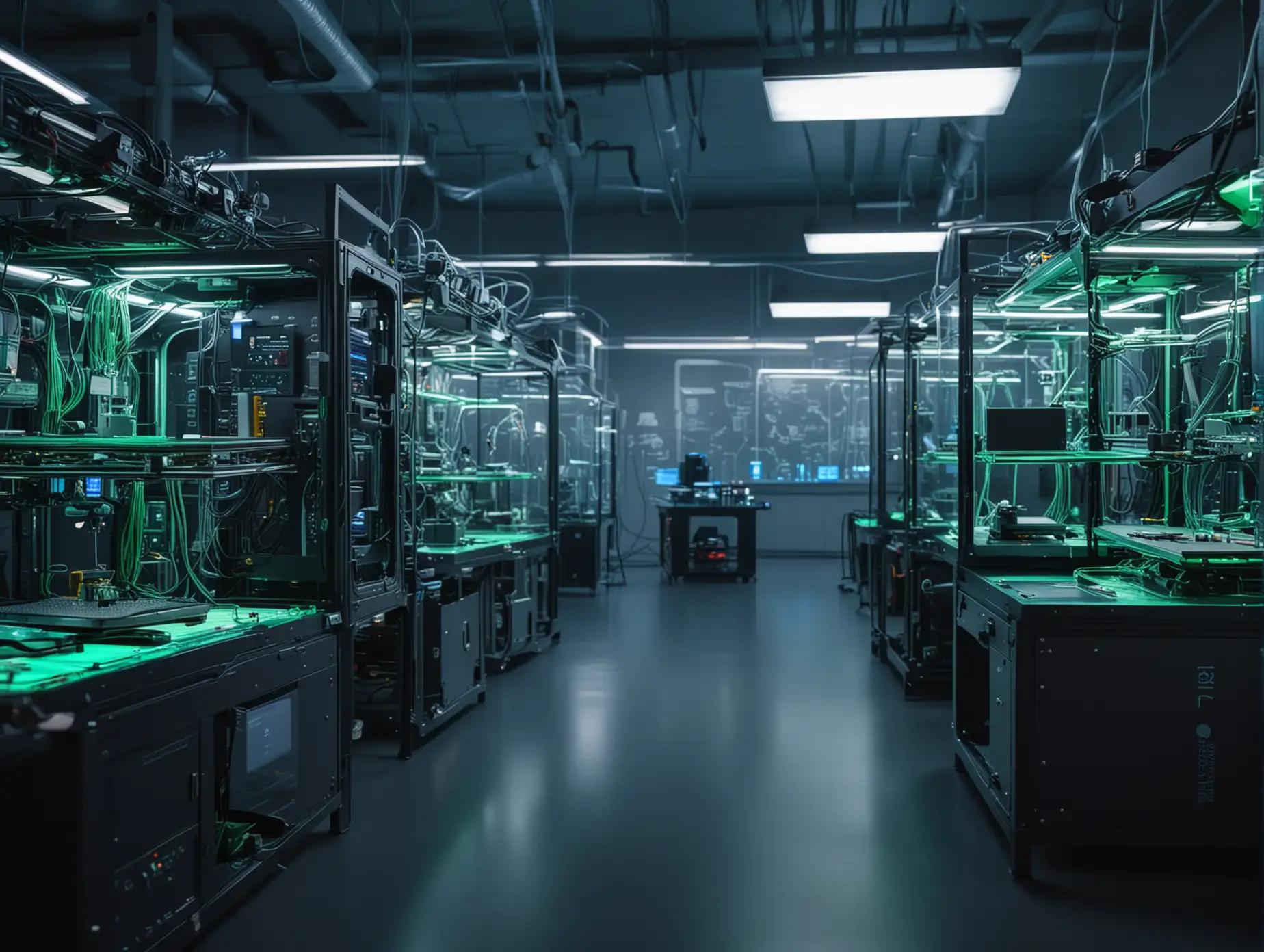 A detailed background of a high-tech lab filled with multiple 3D printers in operation, printing intricate circuit boards and mechanical parts. The lab should have a clean, futuristic look with glass walls, blue and green ambient lighting, and a focus on the printers. The foreground should highlight a close-up of a printer nozzle carefully laying down layers of glowing filament.