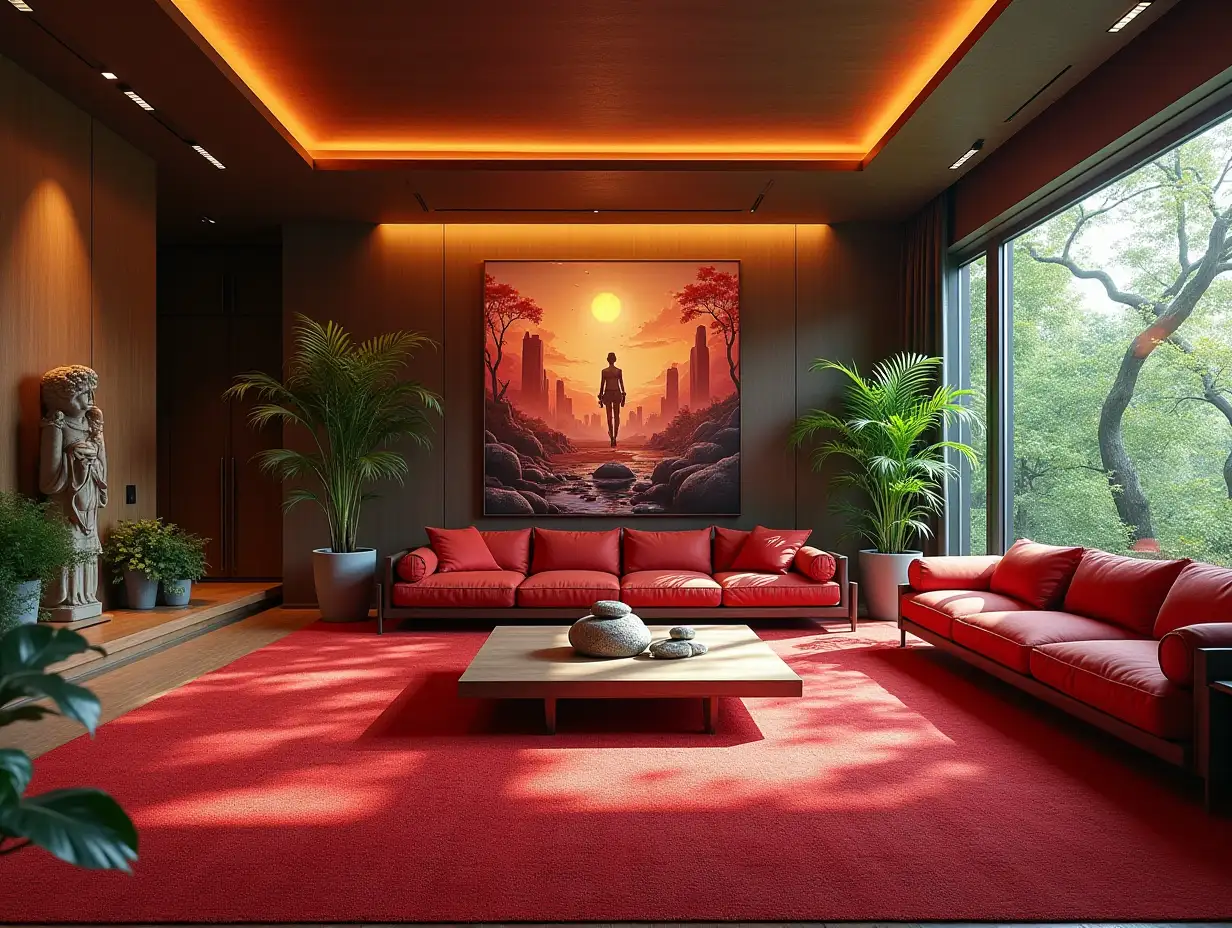 Large modern living room with red, carpet statue, lighting and furniture with many hanging plants, an Attack on Titan picture on the wall, a Zen garden with carefully tended rocks, a meditative 180 degree 8K resolution colorful capture