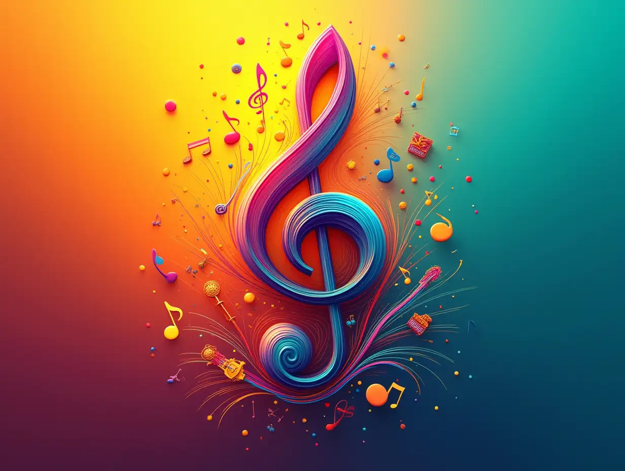 Create a vibrant and creative poster with a musical theme. Keep the header and footer unchanged. Use a dynamic gradient background with transitions from warm tones (orange and yellow) to cool tones (green and blue). Highlight the central treble clef with a 3D effect, vibrant colors, and glowing accents. Surround it with swirling musical notes and a variety of instruments, integrated in a dynamic, harmonious flow. Add abstract, soft light effects and subtle textures for depth. At the bottom, add more instrument like mouthorgan, clapbox, trumpet,piano,sitar,guitar,drumset,flute