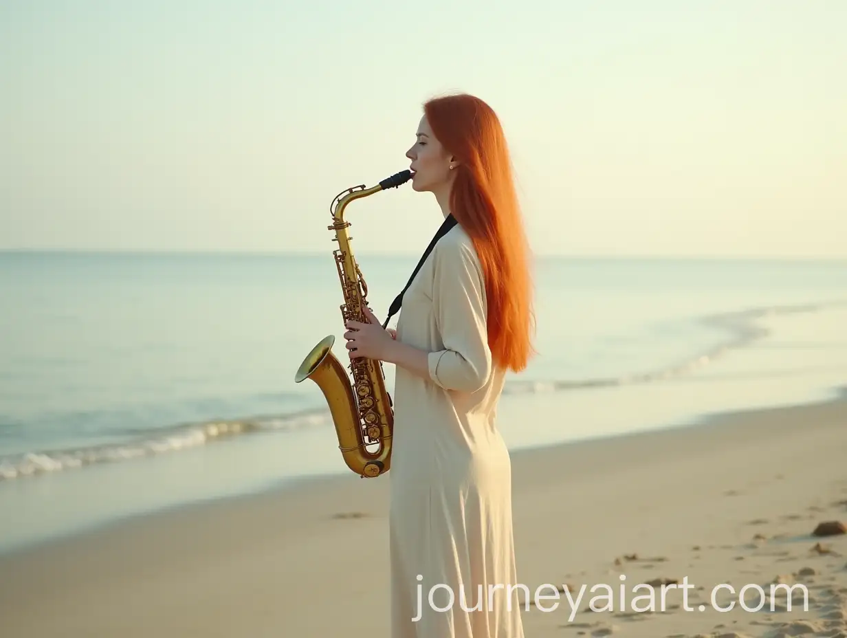 Redhaired-Woman-Playing-Golden-Saxophone-on-Quiet-Beach-at-Sunset