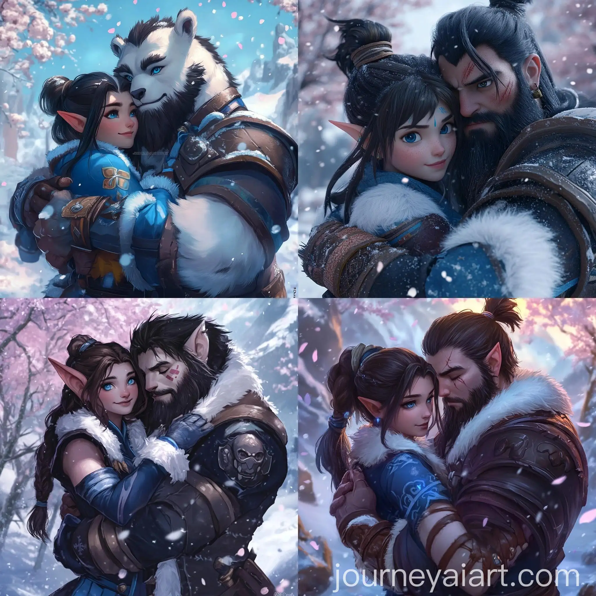 Pandaren-and-High-Elf-Embrace-in-Snowy-Mountain-Landscape