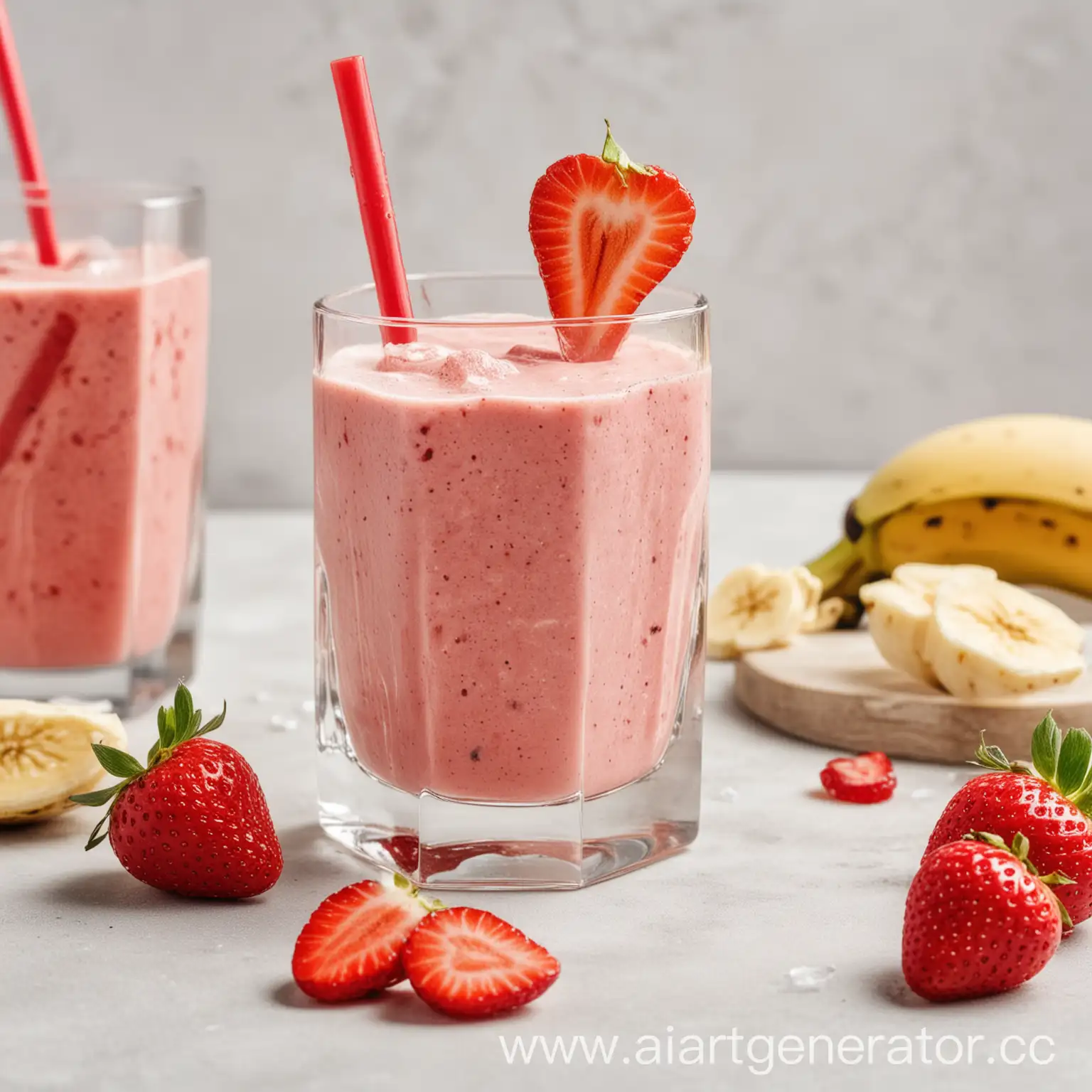 Refreshing-BananaStrawberry-Smoothie-with-Ice-Cubes-and-Strawberries-on-White-Background