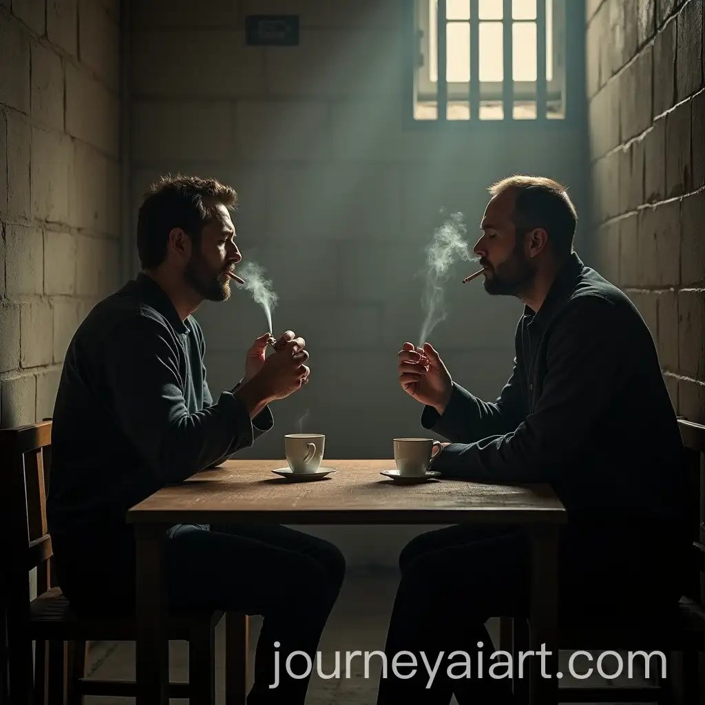 Two-Men-Enjoying-Coffee-and-Cigarettes-in-a-Prison-Cell