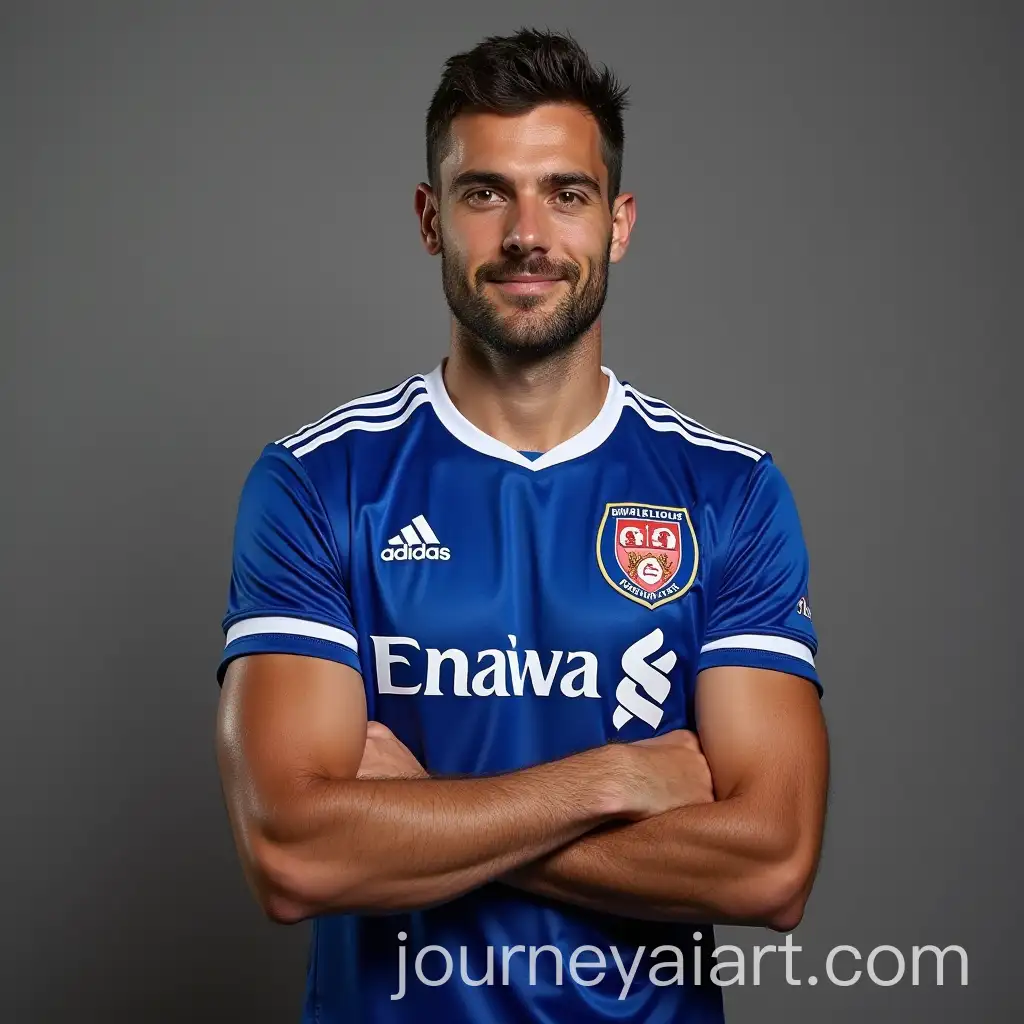 European-Footballer-Posing-in-AFC-Wimbledon-Jersey-for-Team-Photo