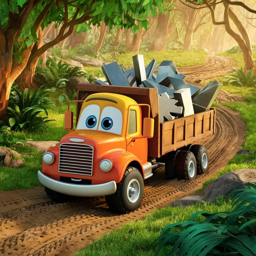 Cartoon-Truck-Transporting-Iron-Pieces-in-the-Forest