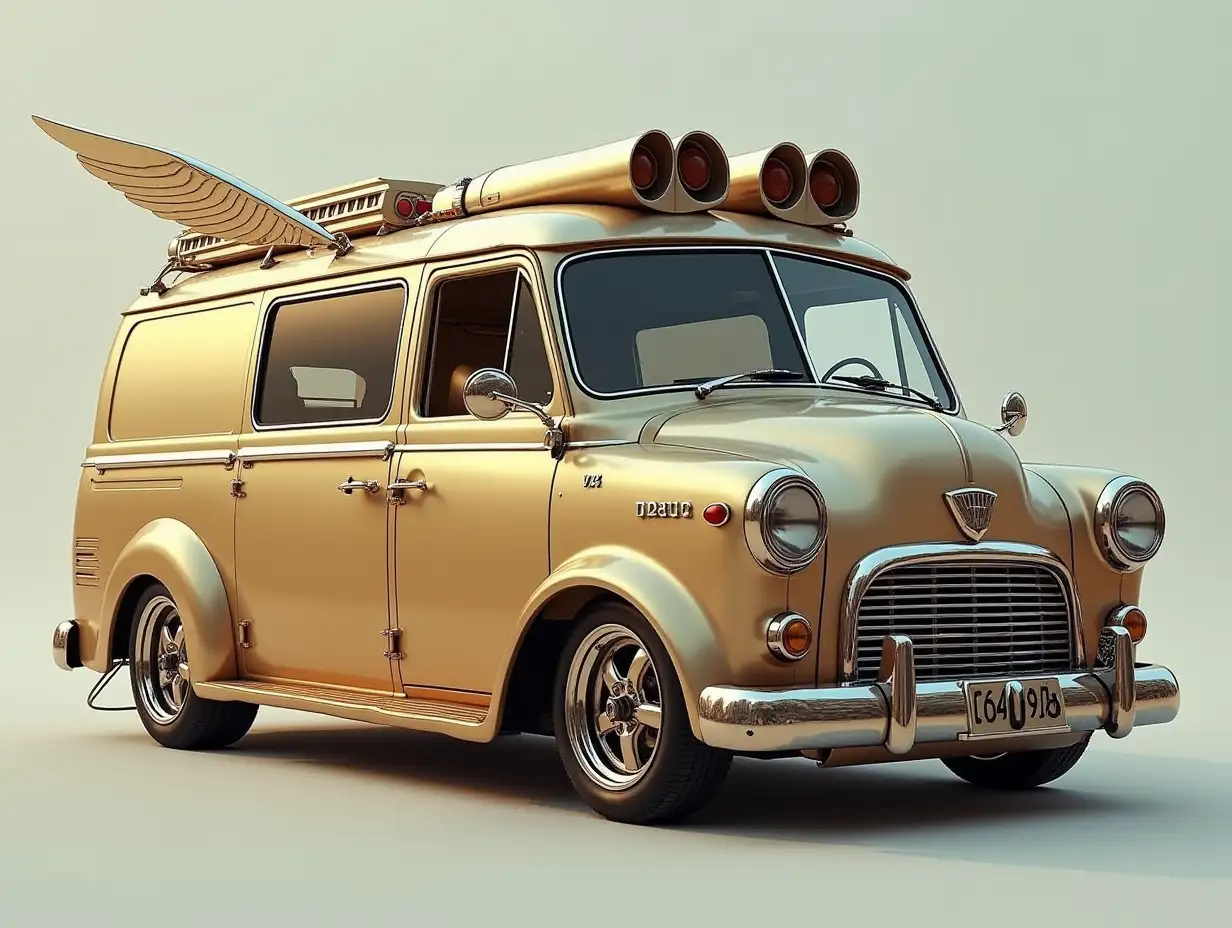 Create a minibus with winglets, lowered, aluminum wheels, mother of pearl color and gold body Steampunk