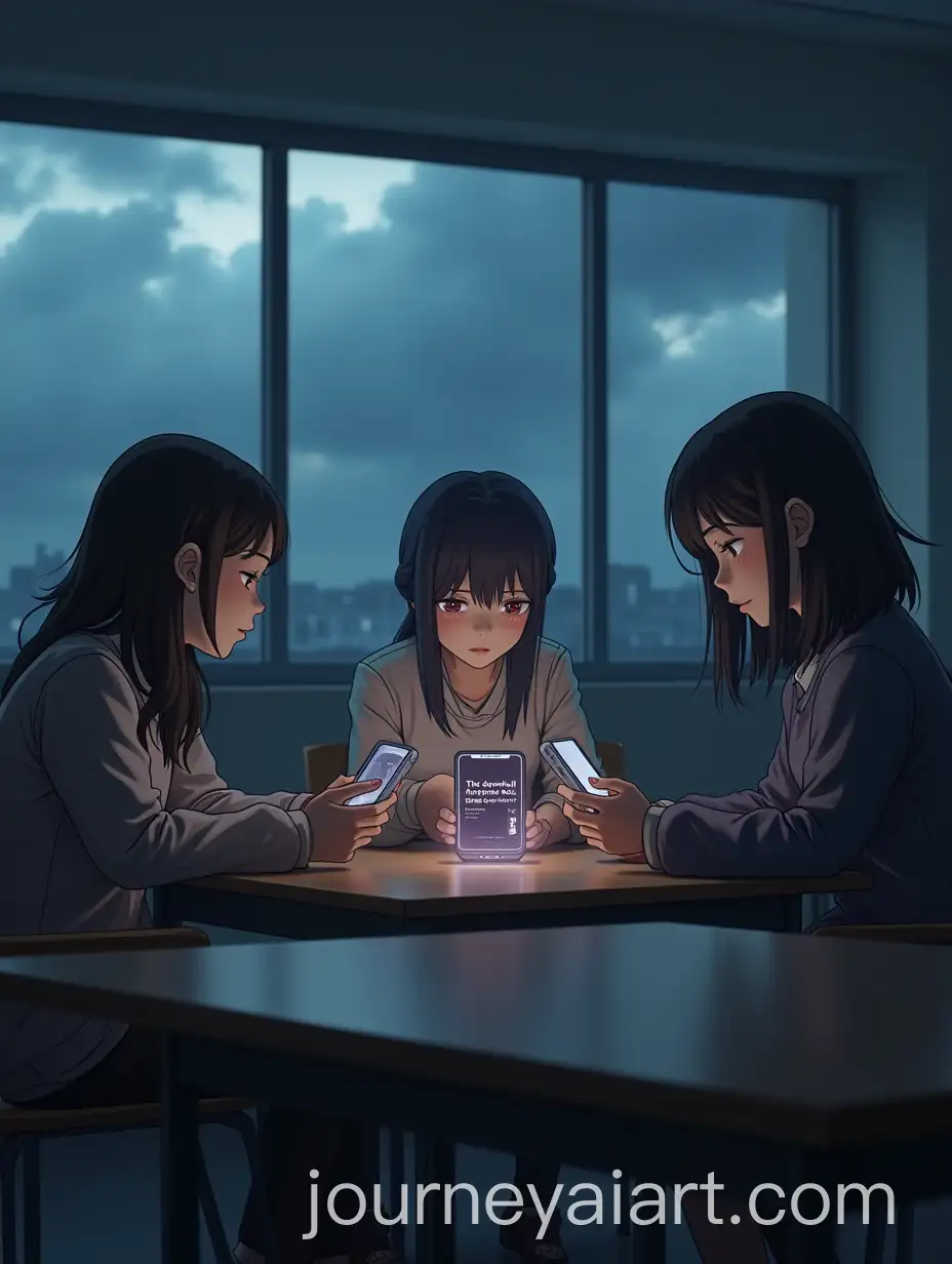 Three-Girls-in-Modern-Study-Room-Viewing-Mysterious-Ad-on-Their-Phones