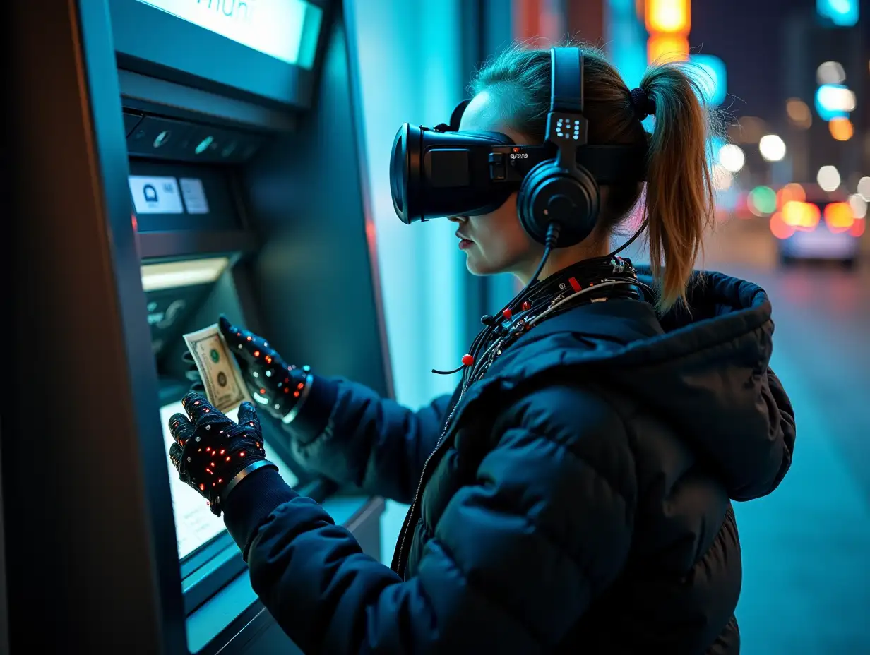 a young female hacker on a street at night, withdrawing money from atm machine, wearing futuristic jacket, vr goggles, headphones, monitoring cybernetic collar, smartwatch on experimental gloves with diodes, lots of wearable cyberpunk hardware with excessive connected wires