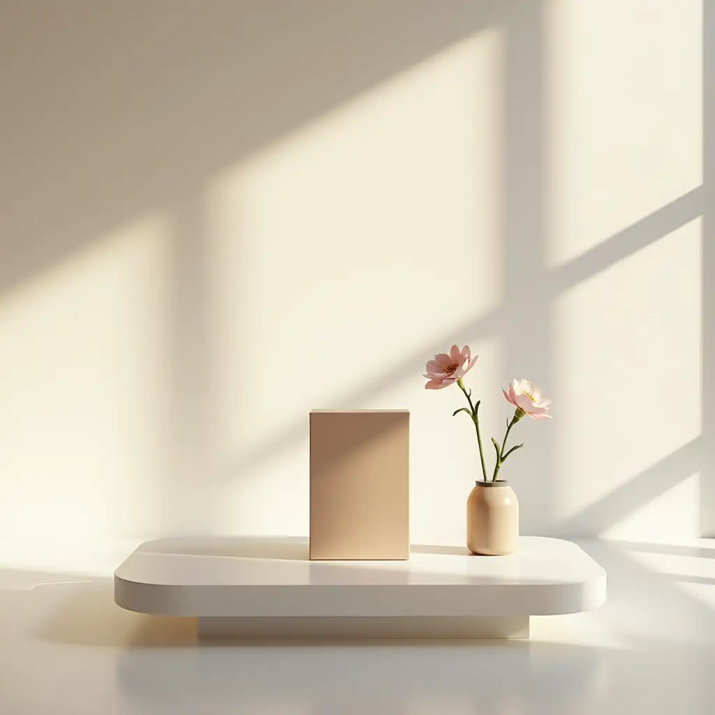 Minimalist modern scene, a single high-end packaging box standing upright, occupying more than half of the frame, now slightly larger to dominate the composition, placed on a sleek, elevated, high-end frosted glass table with a subtle reflective surface. The table has a soft, matte finish that diffuses light gently. Next to the box, a minimalist vase with a flower inside, partially visible, with the flower’s shadow elegantly cast on the clean, soft-toned background wall as natural sunlight streams through a large window. The sunlight creates a warm, premium atmosphere, and the flower’s shadow adds an artistic touch to the scene. The background is a minimalist interior with a smooth, abstract, neutral-colored wall, ensuring the focus remains on the box and its subtle floral shadow. Ultra-detailed, cinematic lighting, 8K photorealistic render.