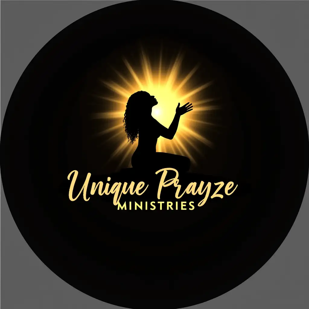 The logo features an oval outline. It depicts a black woman kneeling in prayer, her hands and face raised towards the heavens. the background is black. A golden light radiates from above, illuminating her. She is shown on bended knees, reaching out with her hands towards the sky, surrounded by a backdrop of golden light.  The words Unique Prayze Ministries will in the background