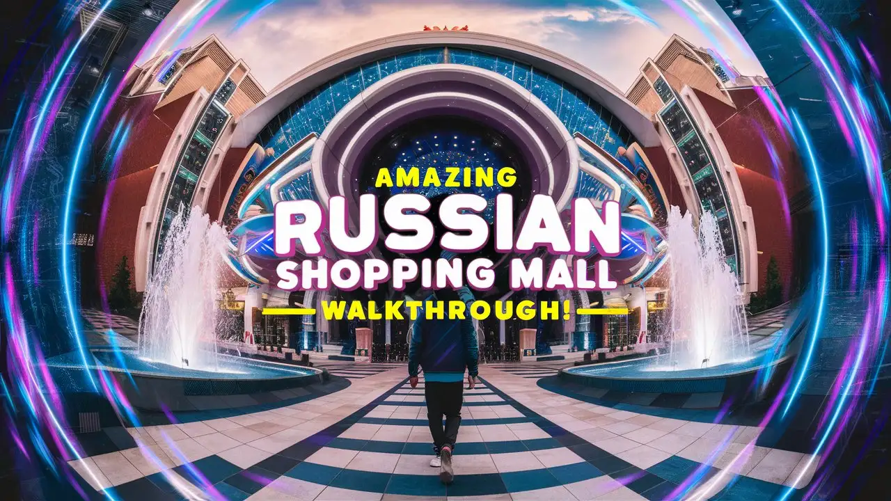 Please make a YouTube video thumbnail cover for a video titled:  AMAZING Russian Shopping Mall Walkthrough!