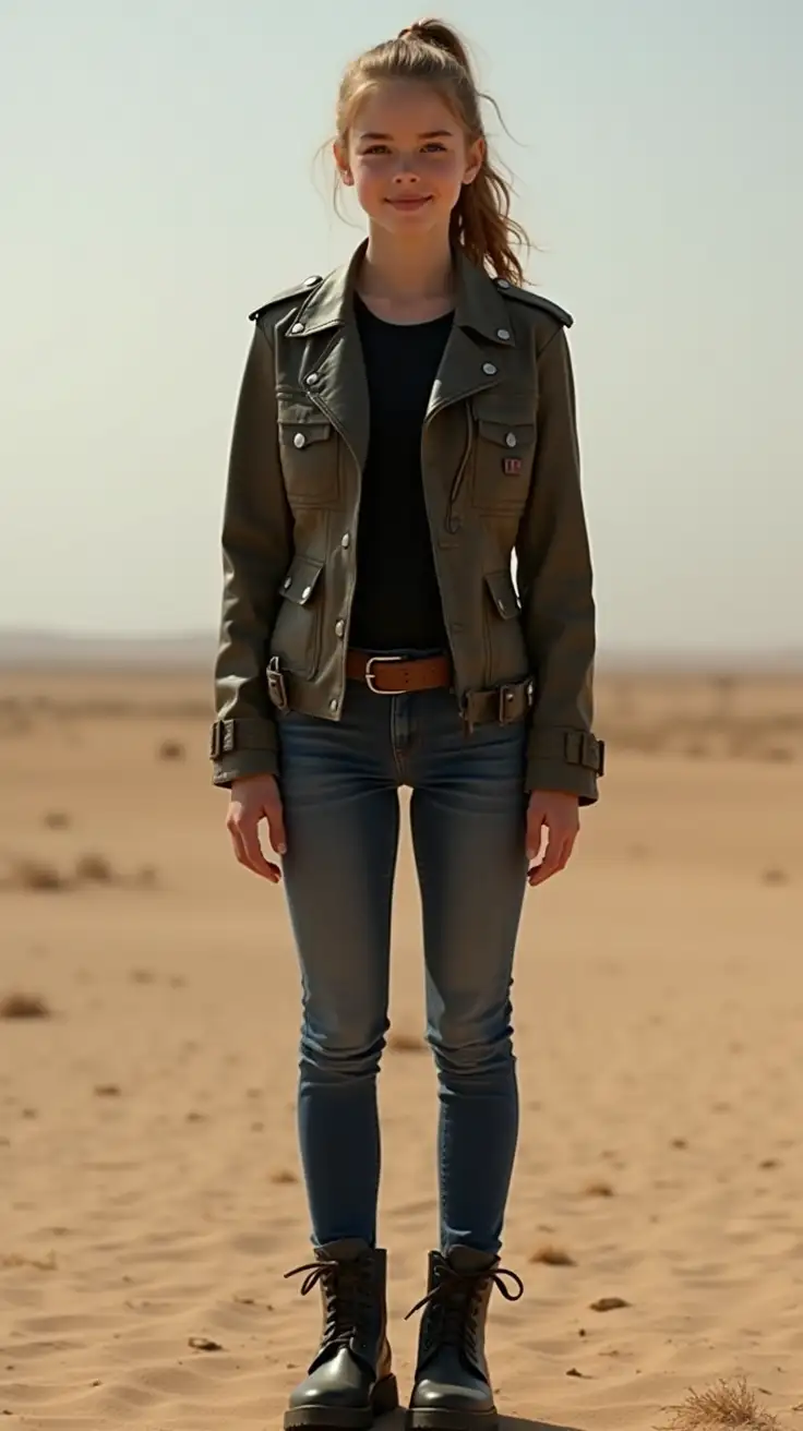 15 year old slender and fit military girl, leather military jacket, black military top, tight jeans, combat boots, full length shot, pony tail, tough, desert