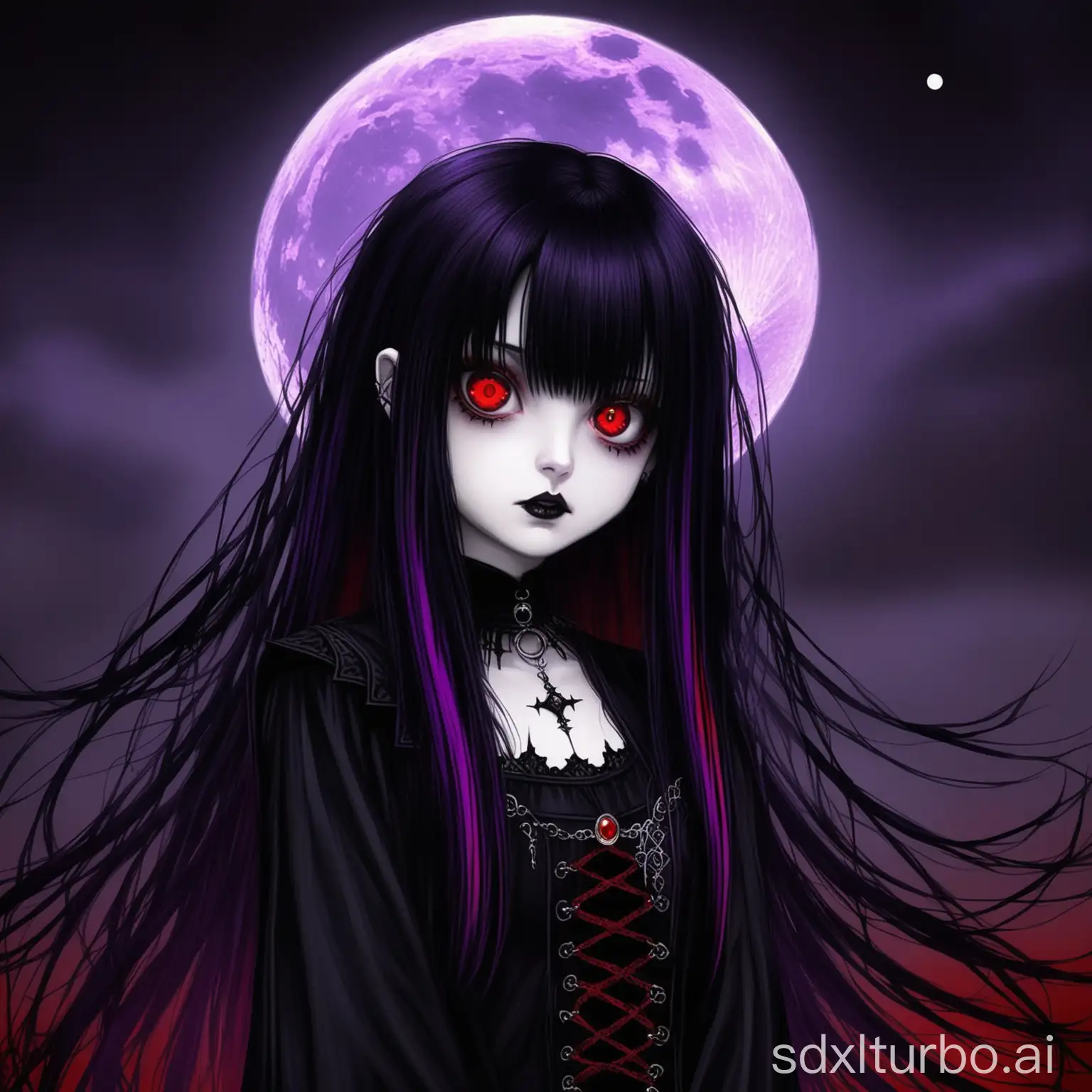 red eyed Goth Girl with black hair and Purple Highlights Under a Narrow Moon