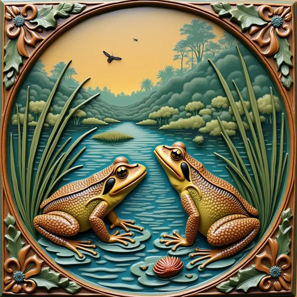 Bullfrogs in Pond Searching for Food on Art Deco Ceramic Tiles