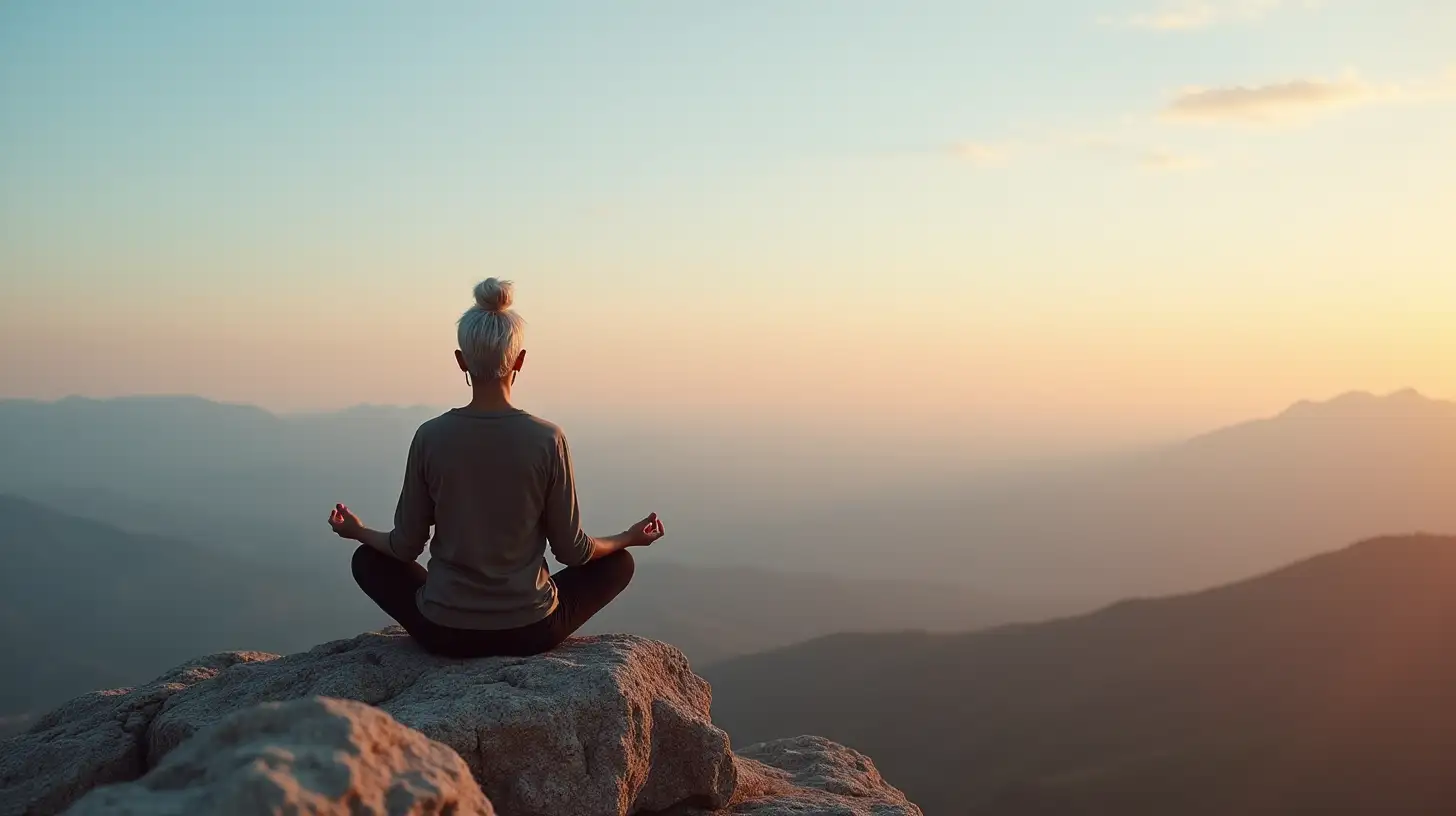 Senior Black Woman Meditating on Mountain Top Under Colorful Sky