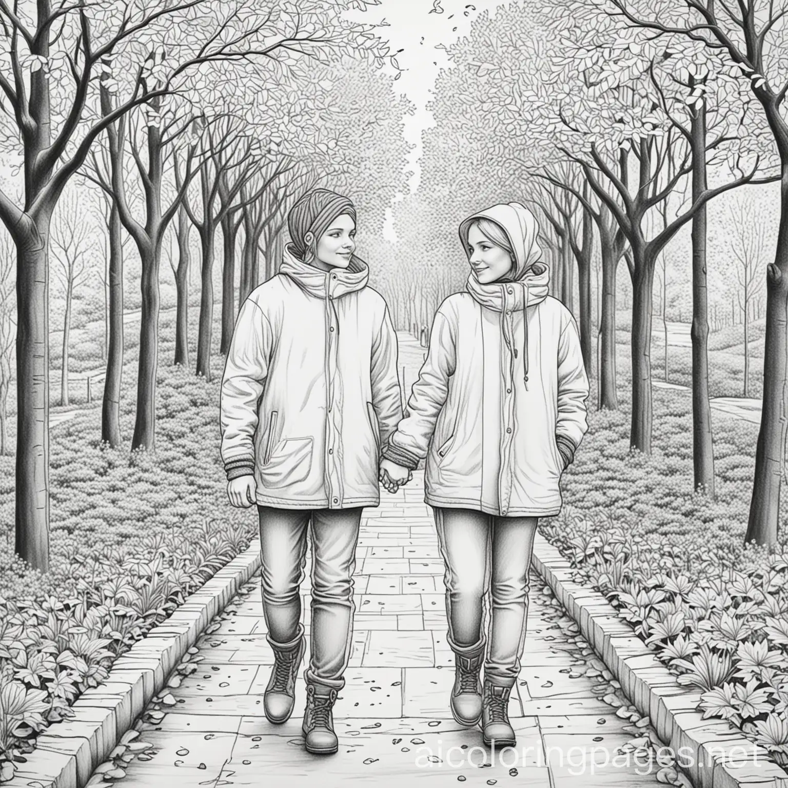 adult coloring, black and white, create an intricate design of a couple bundled up in cooler weather attire walking down a pathway in a park, in autumn, make the background cozy, Coloring Page, black and white, line art, white background, Simplicity, Ample White Space. The background of the coloring page is plain white to make it easy for young children to color within the lines. The outlines of all the subjects are easy to distinguish, making it simple for kids to color without too much difficulty