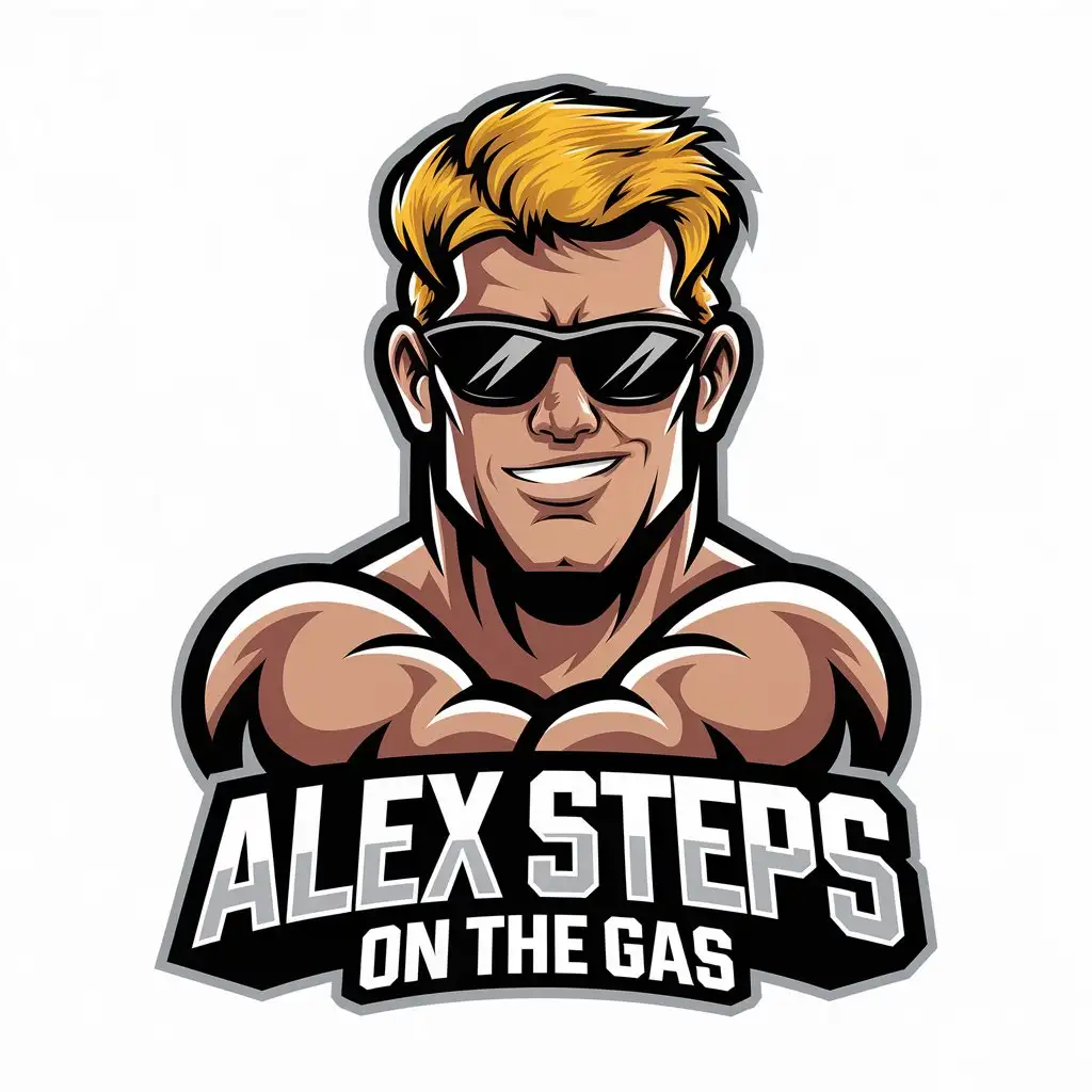 a vector logo design,with the text "Alex steps on the gas", main symbol:Musculary guy, blonde, winking, in black sunglasses, a smirk on his face,complex,be used in Sports Fitness industry,clear background