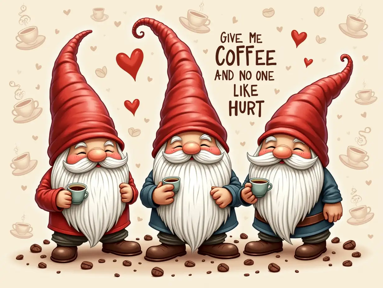 Vector. the word 'Give Me Coffee And No One Gets Hurt' in bold, between it. Create an image of three gnome figures with long white beards and no visible faces. Three playful coffee gnomes holding cups of coffee, surrounded by coffee beans and a scattering of hearts. The gnomes have mischievous grins, while the background features a repeating pattern of coffee cups and coffee beans. The overall style is detailed and whimsical, with a focus on the joy and caffeine addiction.