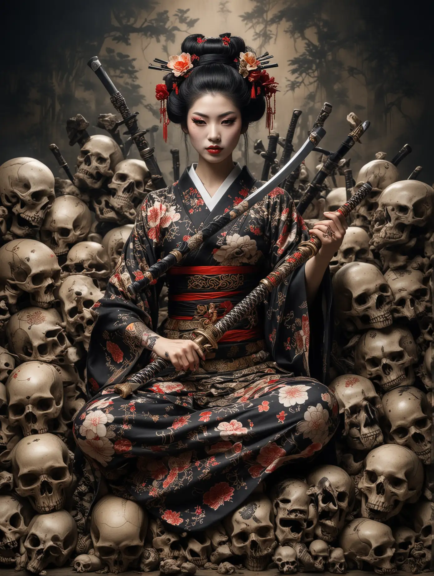 Whimsical style of beauty geisha sitting down majesticaly on pile of skulls , adorned her fullbody with intricately tattooes, she was holding katana and lifting it, japanese culture symbols background, masterpiece art, unusual art. Her presence emanates an aura of power and mysterious, perfectly capturing the essence of an epic fantasy scene.