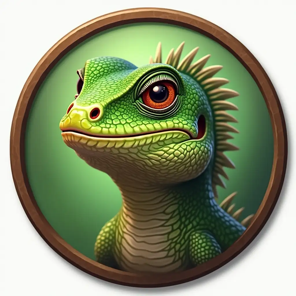 Realistic Green Lizard Head in Brown Framed Icon