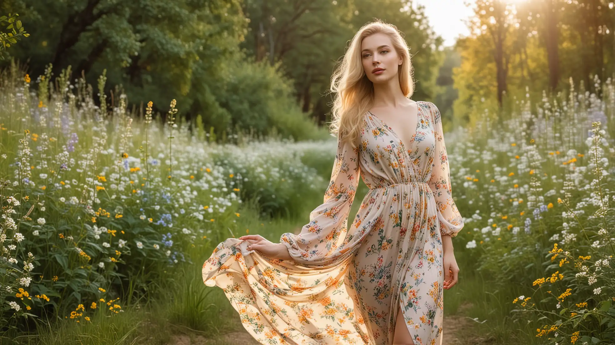 Young-Russian-Woman-in-Floral-Dress-on-Forest-Path-Surrounded-by-Wildflowers