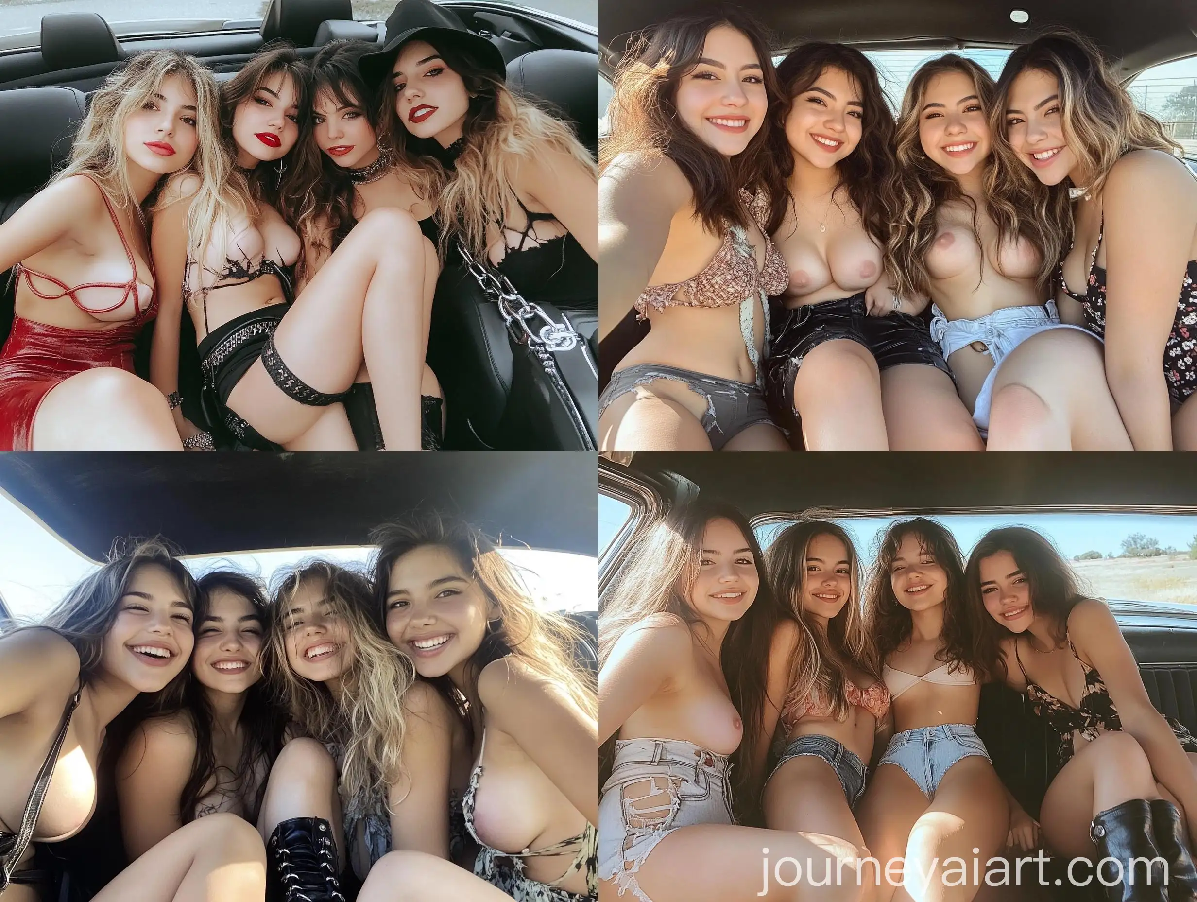 Four-Young-Women-in-Convertible-Car-Taking-Selfie-Natural-Photo