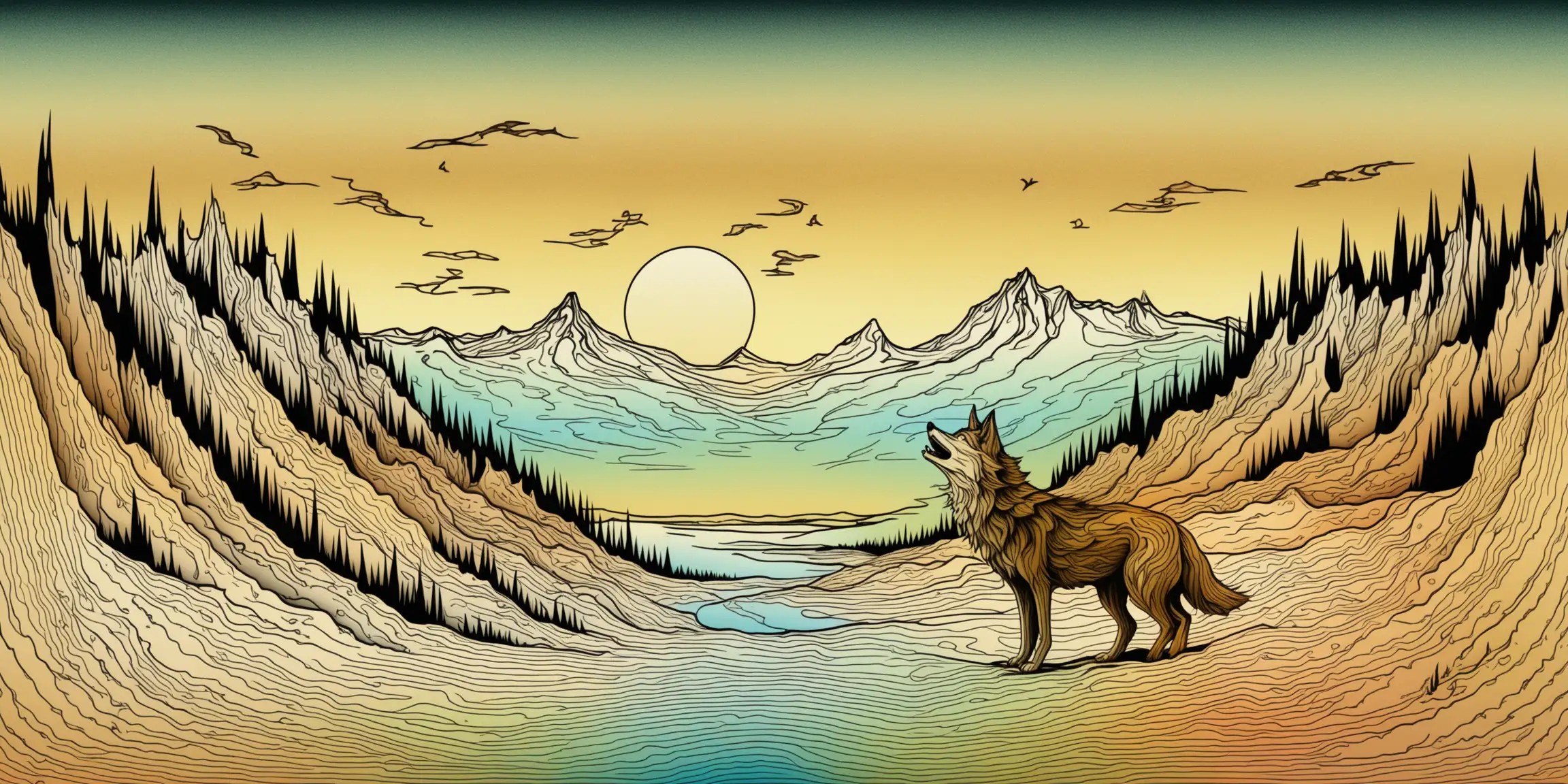 Surreal Line Drawing of a Happy Wolf Howling in the Alaskan Wilderness