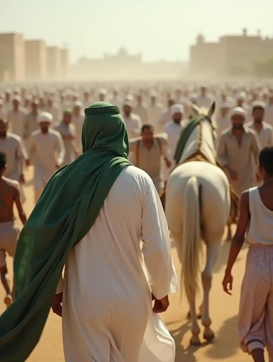 A man in white Arabic clothing, wearing a green abaya and a green cloth on his head, with his back to the camera, is walking with a white horse with his back to the camera towards a large crowd of people, and people are running towards him with joy.