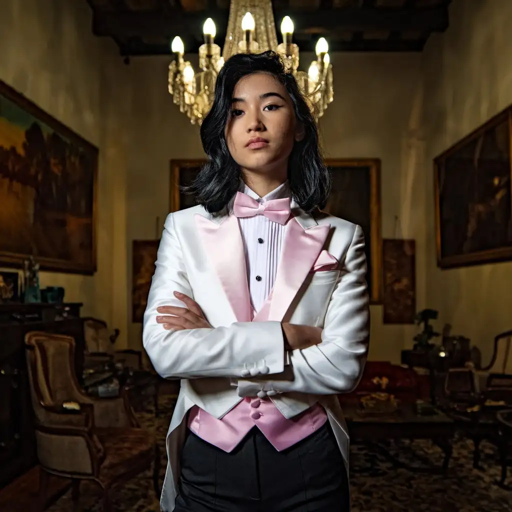 Smiling and elegant young Asian woman with shoulder length black hair wearing an unbuttoned white tuxedo with a pink bow tie and a pink cummerbund and black pants is standing in a room at night.  Her shirt has double french cuffs.  She has silver cufflinks.  Her arms are crossed.