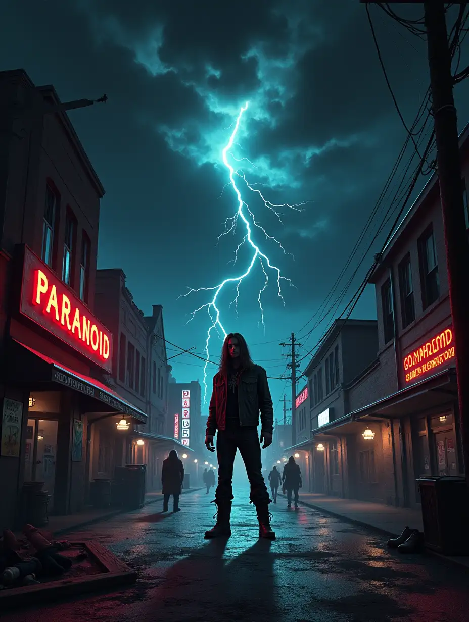 A surreal depiction of the emotions conveyed by the song 'Paranoid' by Black Sabbath, featuring a dark and moody atmosphere. The scene includes a figure standing under a stormy sky with flashes of lightning, surrounded by swirling abstract patterns representing confusion and anxiety. The figure has a tense and distressed posture, wearing 1970s-inspired rock attire. The background features a haunting urban landscape with glowing neon signs and shadowy silhouettes, emphasizing paranoia. The style is dark surrealism, with vivid contrasts and dramatic lighting.