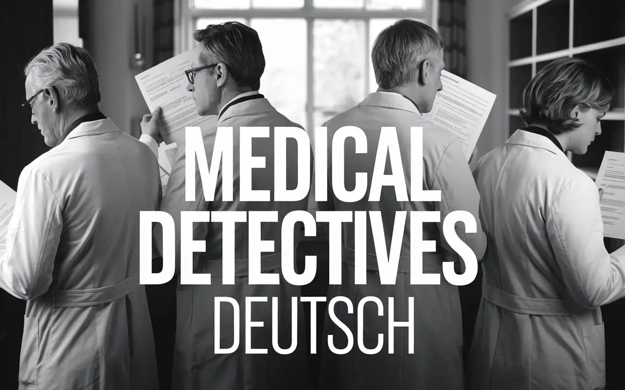 medical detectives, with the writing Medical Detectives Deutsch and doctors with white coats, doctors reading documents with their backs turned, black and white image