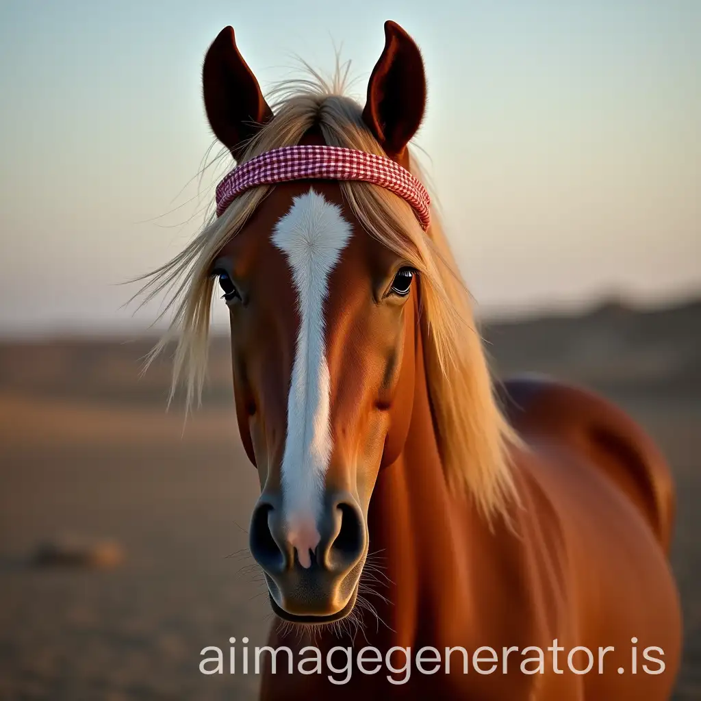 Female-Horse-with-Golden-Hair-Wearing-Palestinian-Keffiyeh-Looking-at-Camera