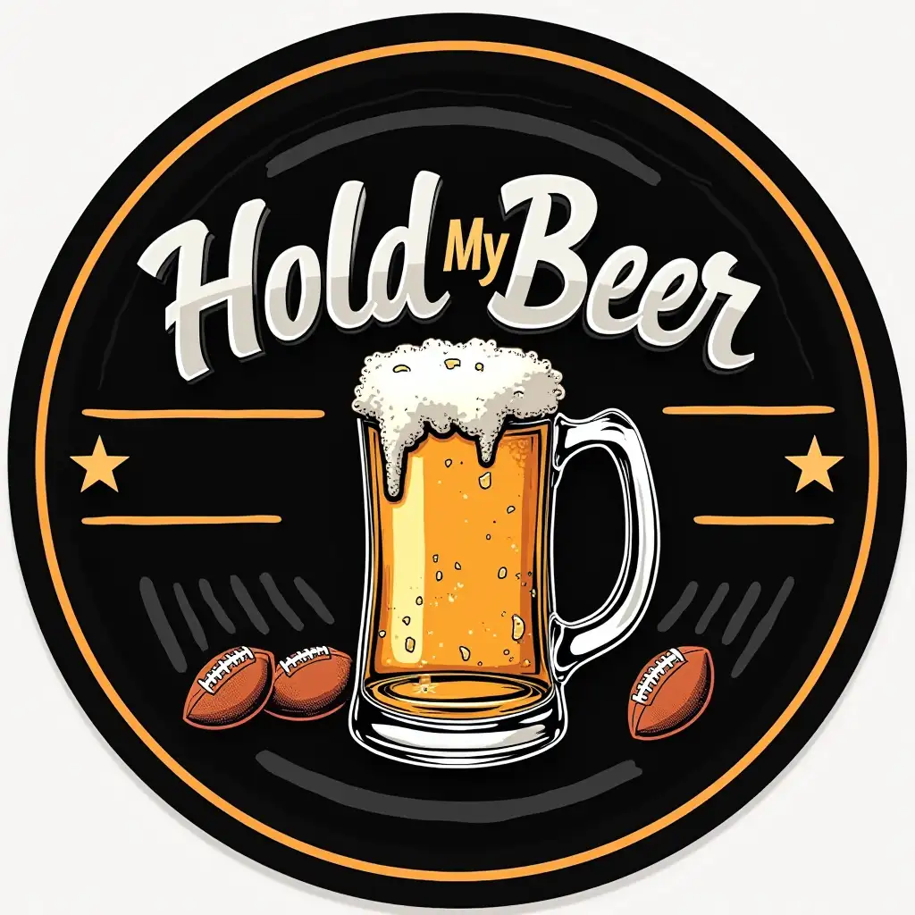 modern-style round logo with the text 'Hold My Beer' and image of frosty beer mug and small footballs in black and silver color scheme