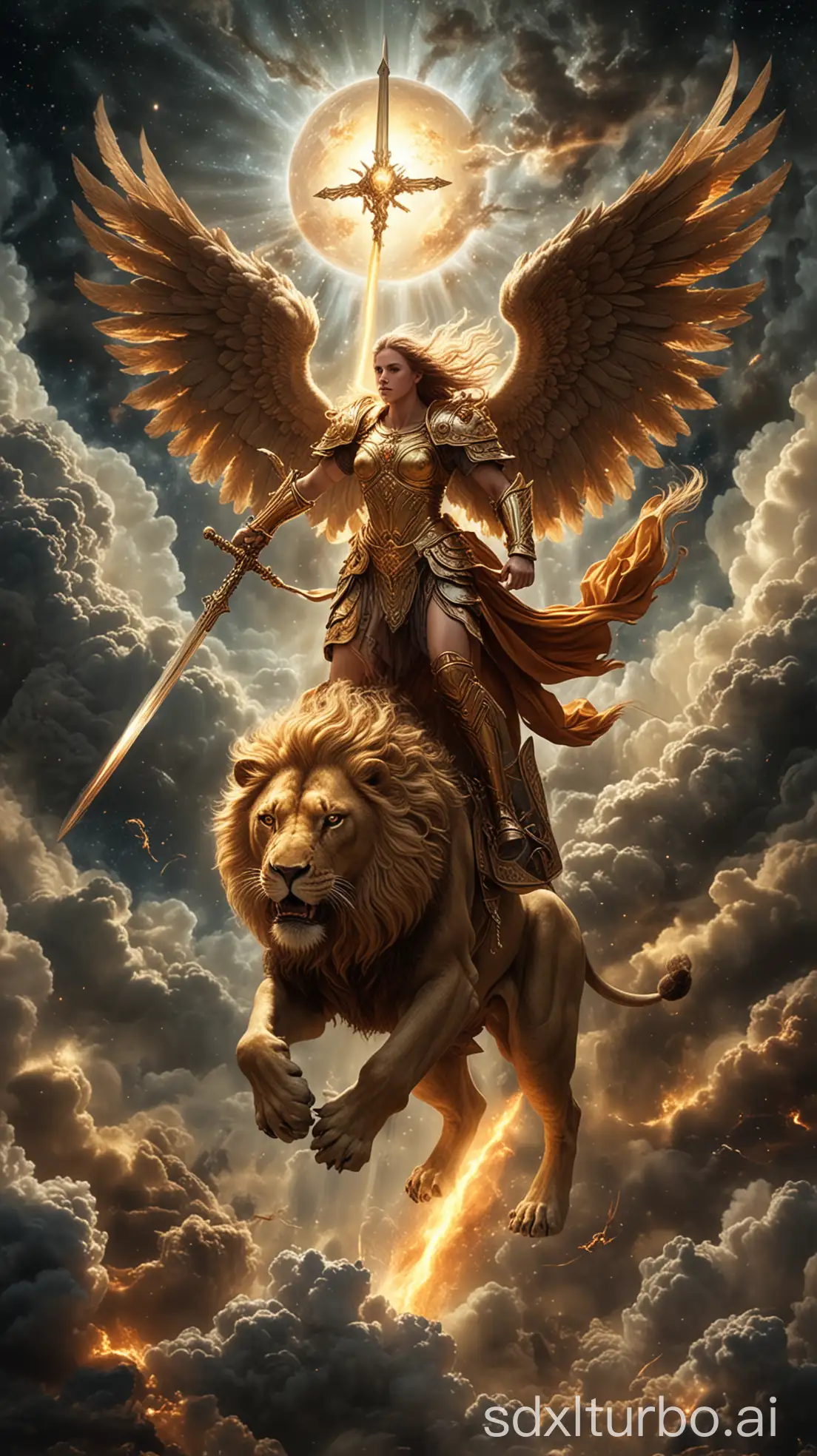 A realistic depiction of an angel riding a massive lion, flying through space toward Earth. The angel is adorned in golden armor and holds a flaming sword, with ethereal wings spread wide. Clouds surround them as they travel through the stars, Earth visible in the distance. The scene is dramatic, with a mystical atmosphere, blending heavenly light with the darkness of space.